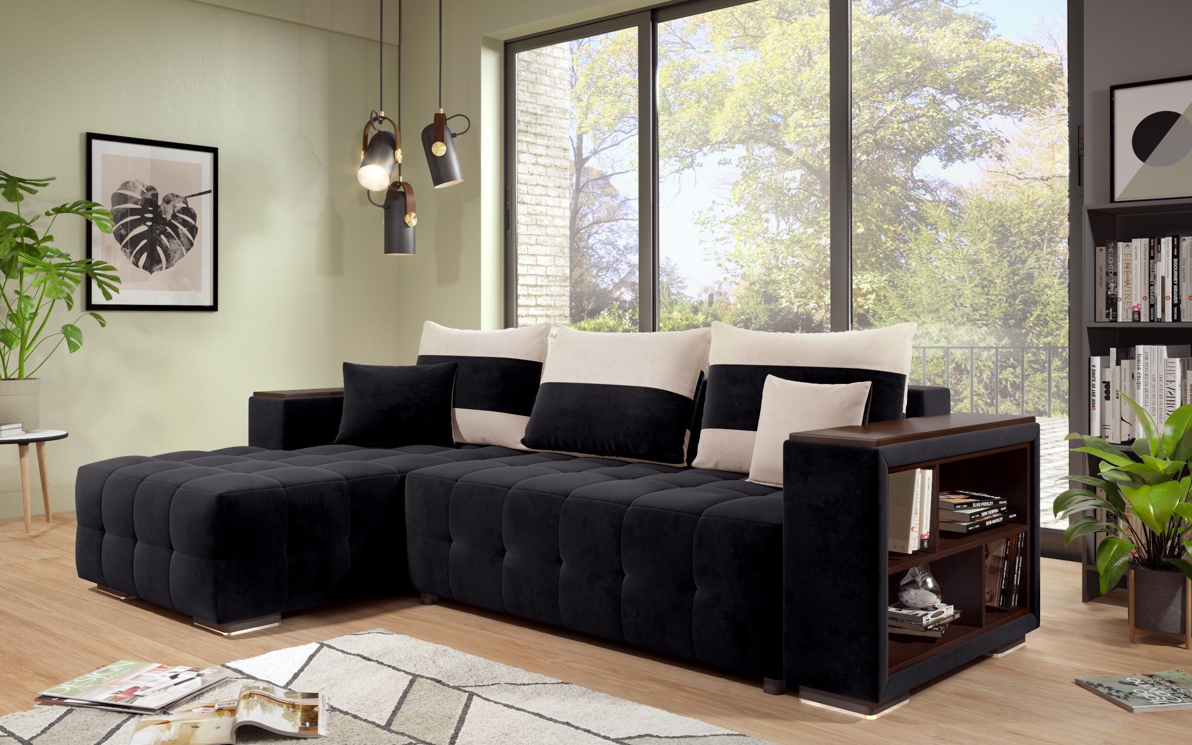 Γωνιακός καναπές - κρεβάτι με ανάκλιντρο και μπράτσο μίνι ραφιέρα Melvin S, μαύρο + ανοιχτό μπεζ  4