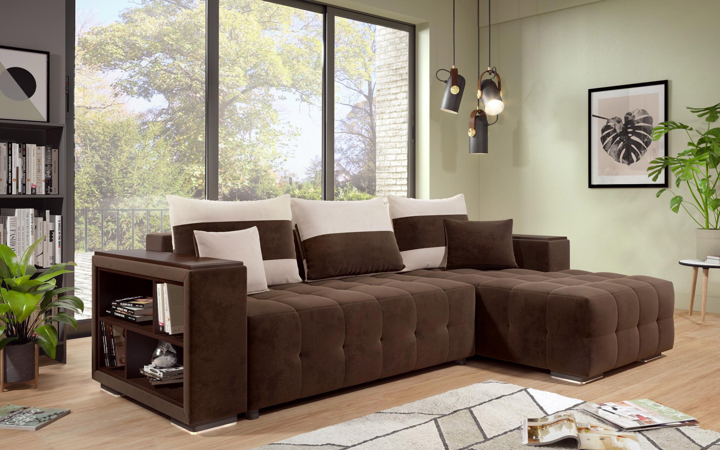 Γωνιακός καναπές - κρεβάτι με ανάκλιντρο και μπράτσο μίνι ραφιέρα Melvin S, σκούρο καφέ + ανοιχτό μπεζ  4
