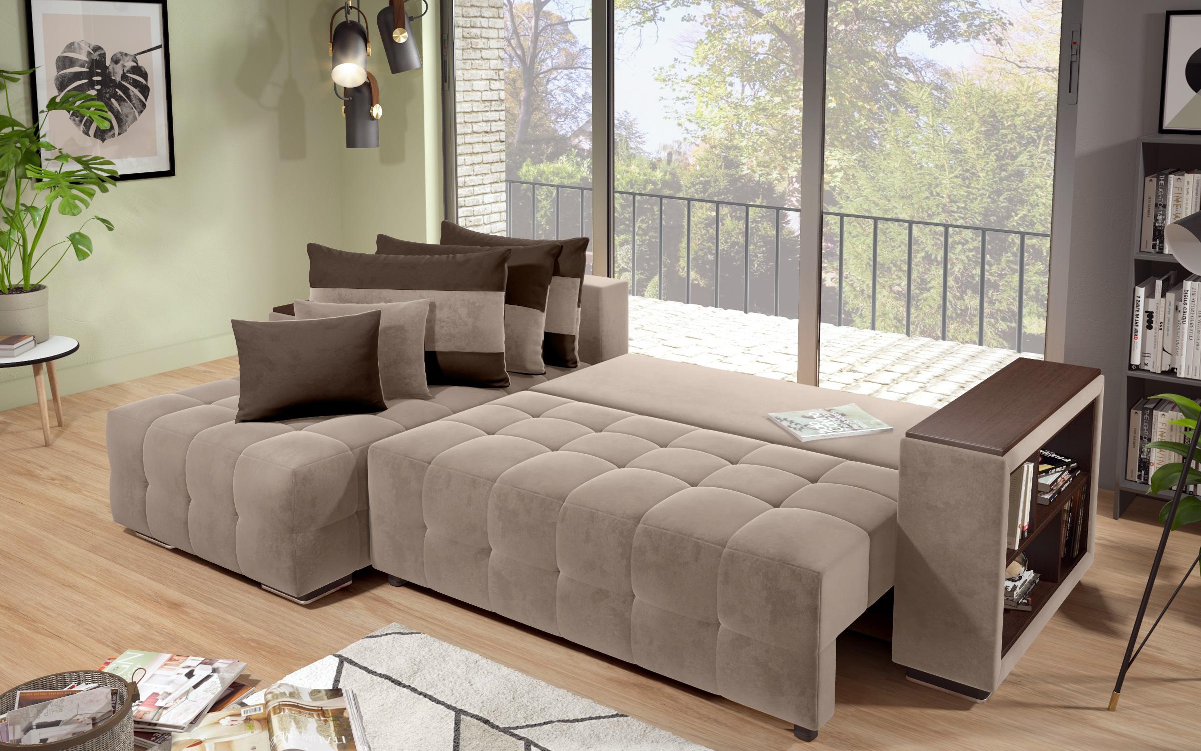 Γωνιακός καναπές - κρεβάτι με ανάκλιντρο και μπράτσο μίνι ραφιέρα Melvin S, σκούρο μπεζ + σκούρο καφέ  10