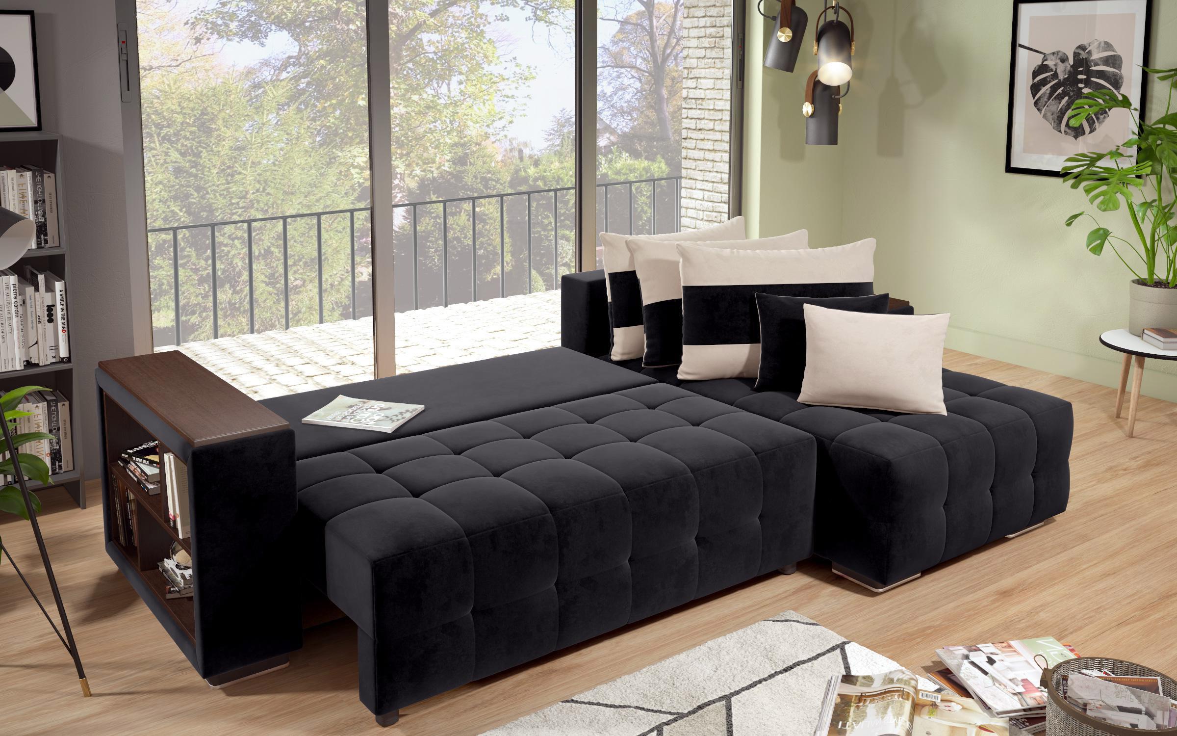 Γωνιακός καναπές - κρεβάτι με ανάκλιντρο και μπράτσο μίνι ραφιέρα Melvin S, μαύρο + ανοιχτό μπεζ  10