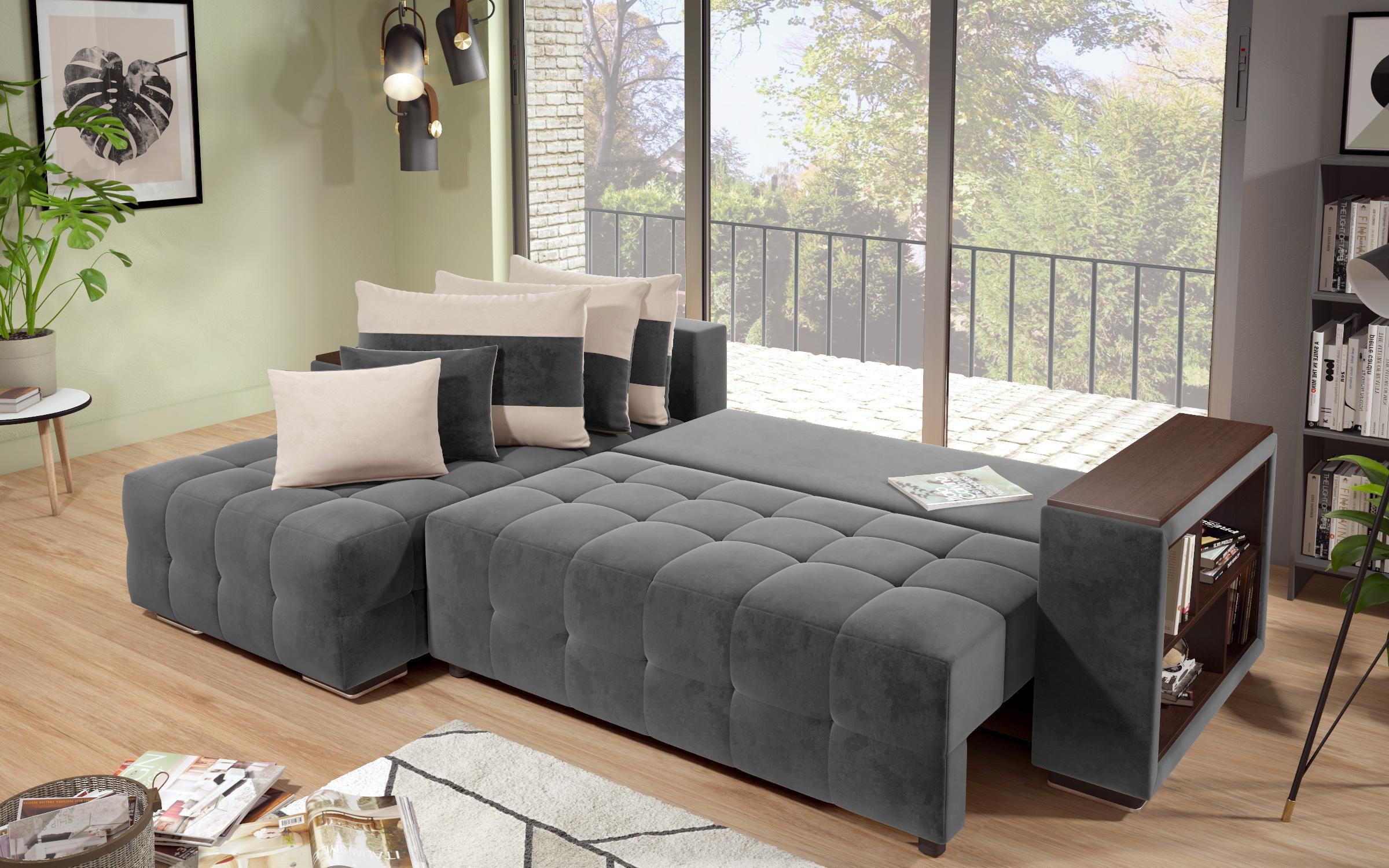 Γωνιακός καναπές - κρεβάτι με ανάκλιντρο και μπράτσο μίνι ραφιέρα Melvin S, γκρι + ανοιχτό μπεζ  10
