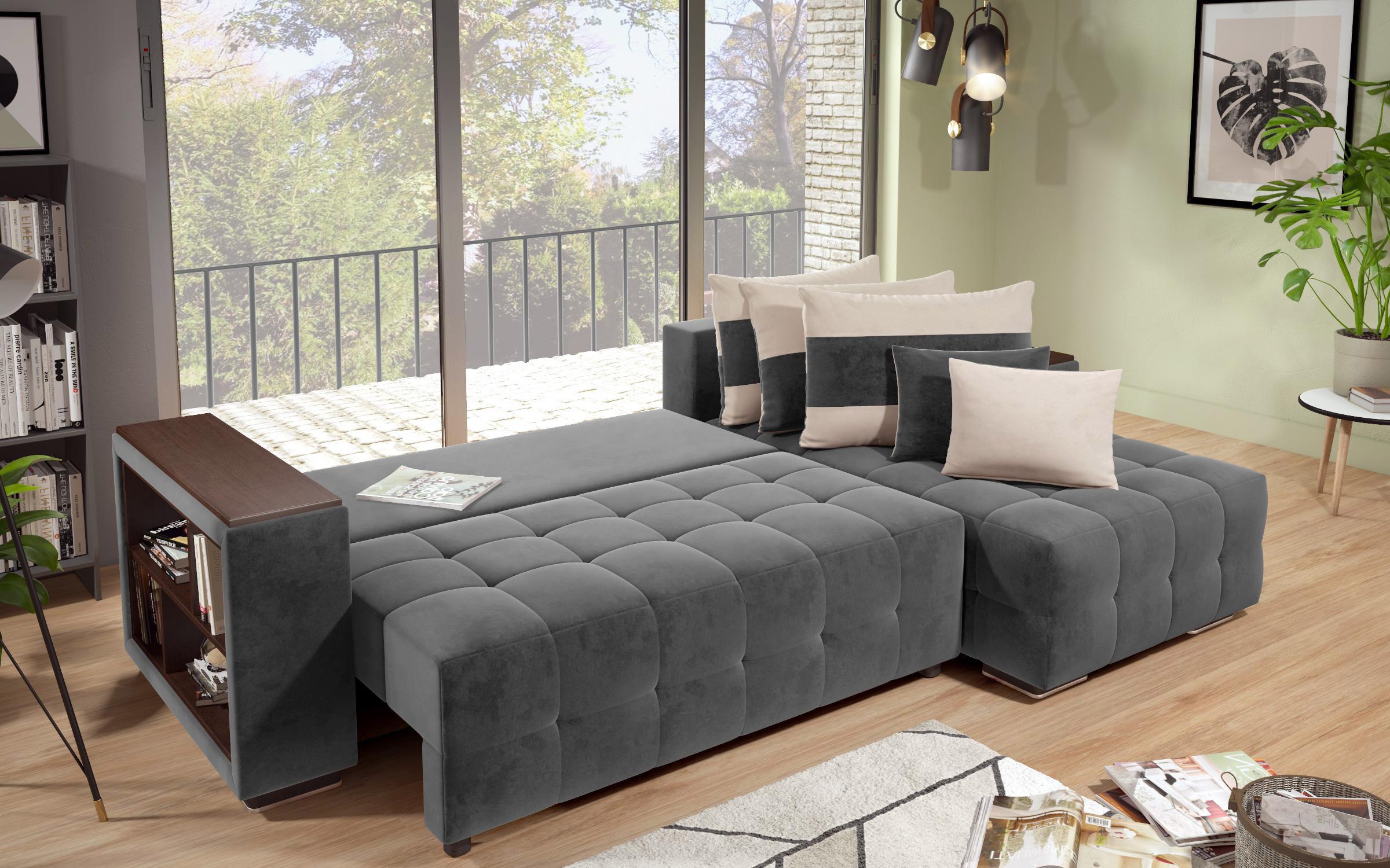 Γωνιακός καναπές - κρεβάτι με ανάκλιντρο και μπράτσο μίνι ραφιέρα Melvin S, γκρι + ανοιχτό μπεζ  10