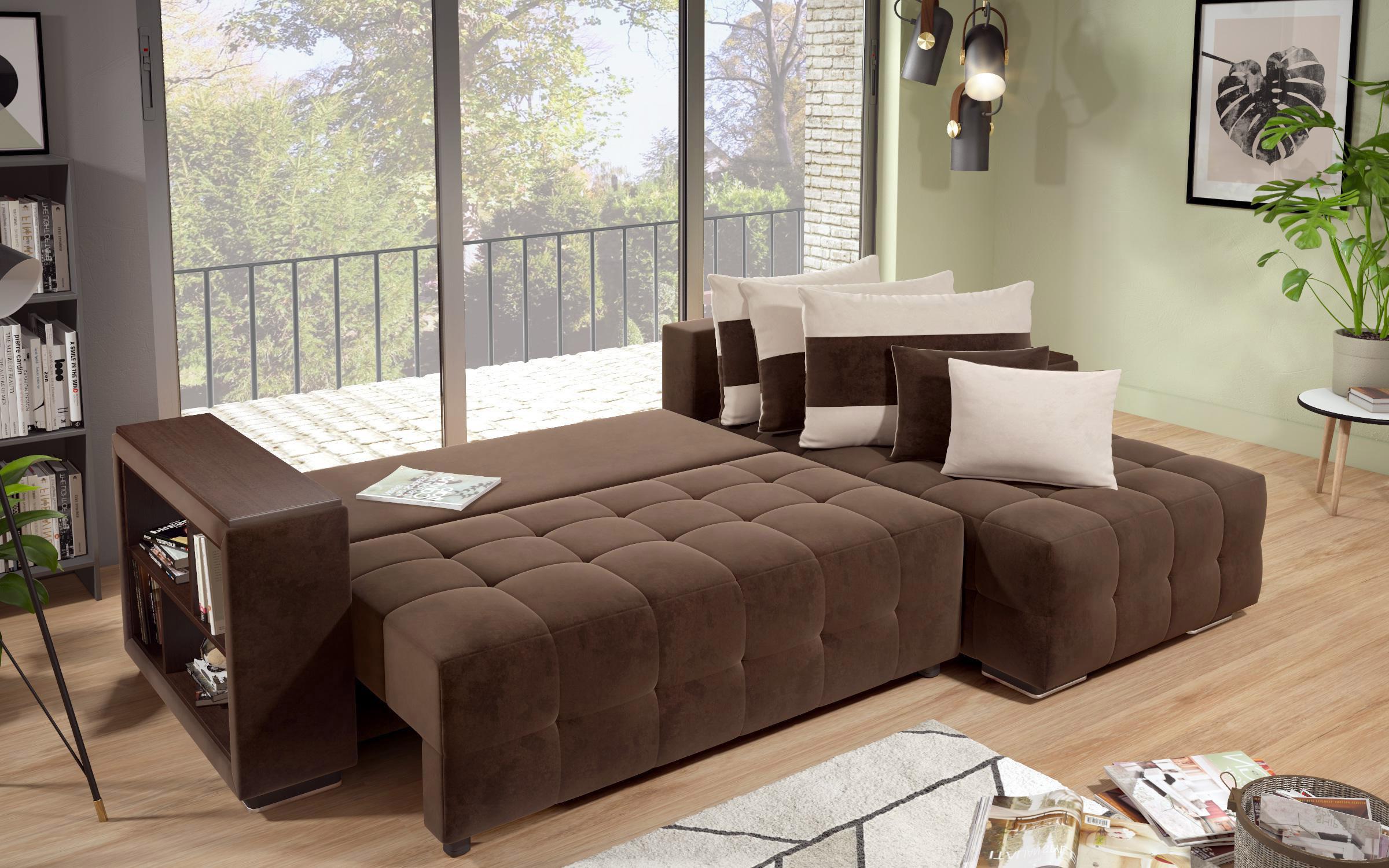 Γωνιακός καναπές - κρεβάτι με ανάκλιντρο και μπράτσο μίνι ραφιέρα Melvin S, σκούρο καφέ + ανοιχτό μπεζ  10