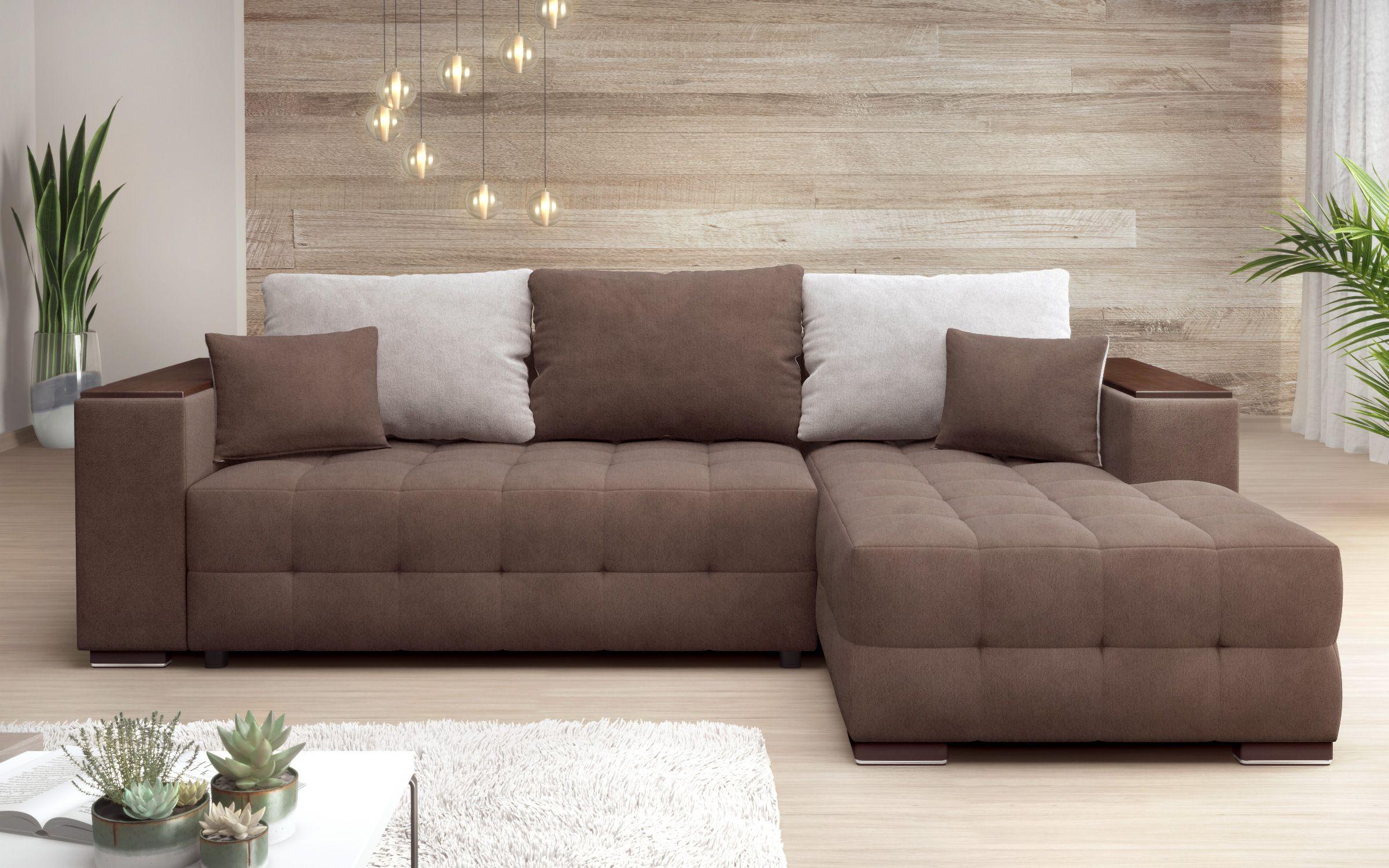 Γωνιακός καναπές - κρεβάτι με ανάκλιντρο και μπράτσο μίνι ραφιέρα Melvin Spring S, καφέ + μπεζ  1