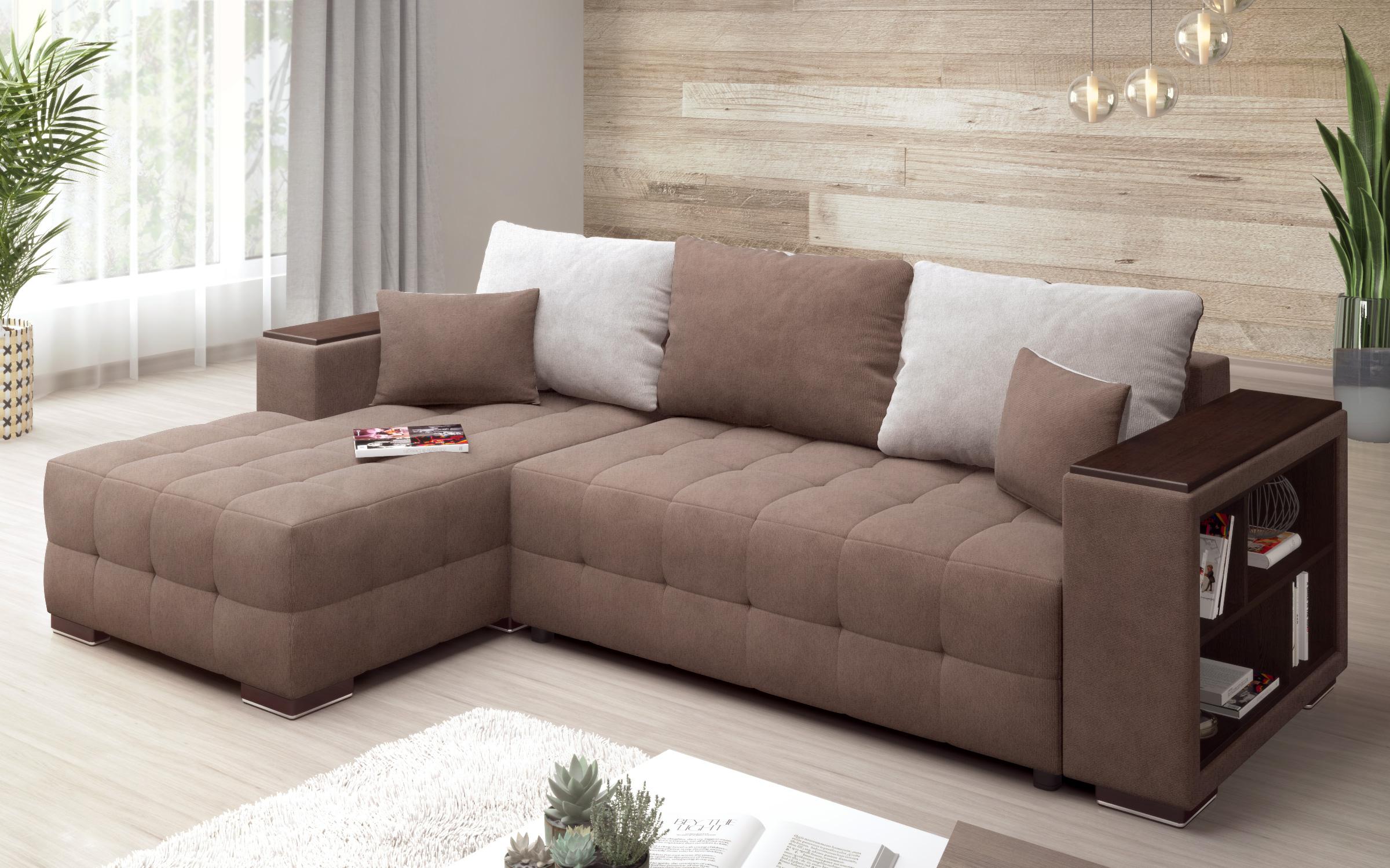 Γωνιακός καναπές  - κρεβάτι με ανάκλιντρο και μπράτσο μίνι ραφιέρα Melvin Spring S, καφέ + μπεζ  3