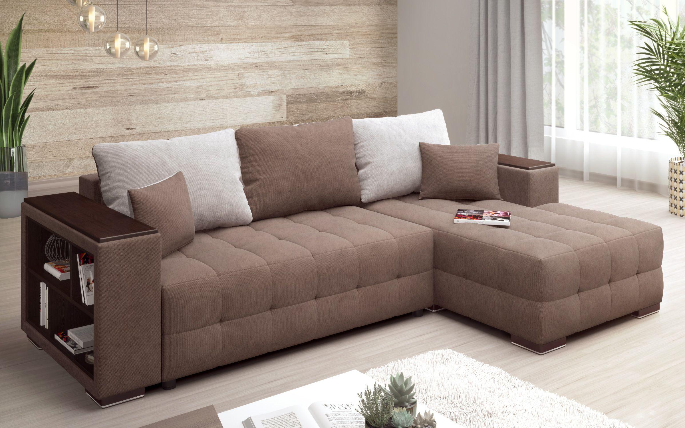 Γωνιακός καναπές - κρεβάτι με ανάκλιντρο και μπράτσο μίνι ραφιέρα Melvin Spring S, καφέ + μπεζ  3