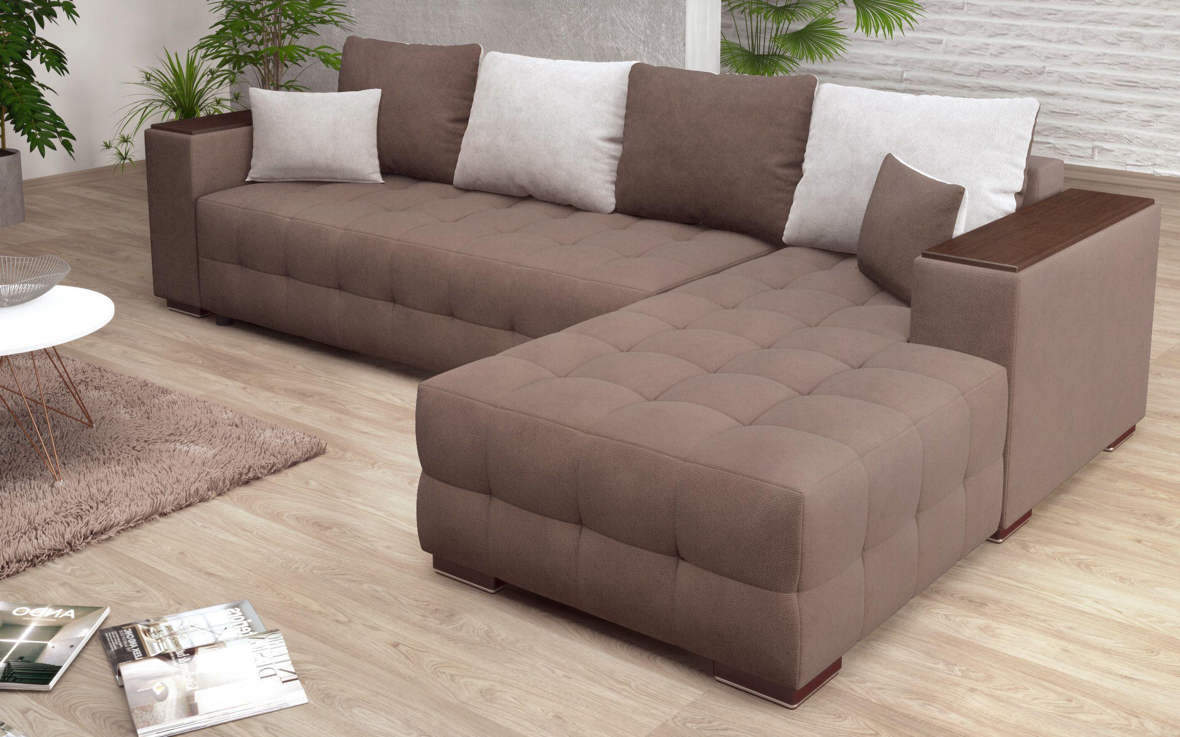 Γωνιακός καναπές - κρεβάτι με ανάκλιντρο και μπράτσο μίνι ραφιέρα Melvin Spring, καφέ + μπεζ  5