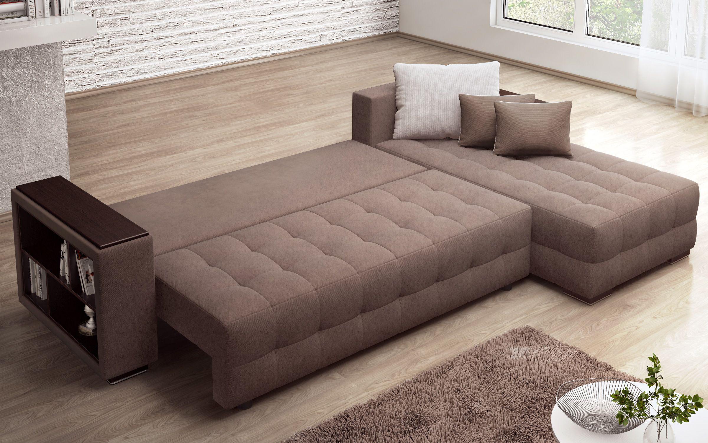 Γωνιακός καναπές - κρεβάτι με ανάκλιντρο και μπράτσο μίνι ραφιέρα Melvin Spring, καφέ + μπεζ  4