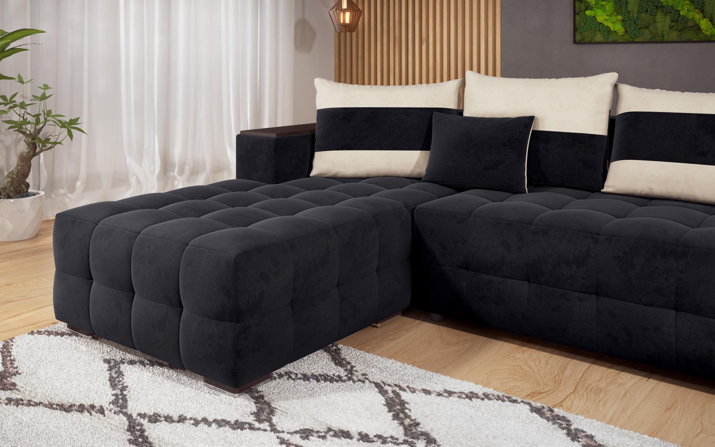 Γωνιακός καναπές - κρεβάτι με ανάκλιντρο και μπράτσο μίνι ραφιέρα Melvin, μαύρο + ανοιχτό μπεζ  6