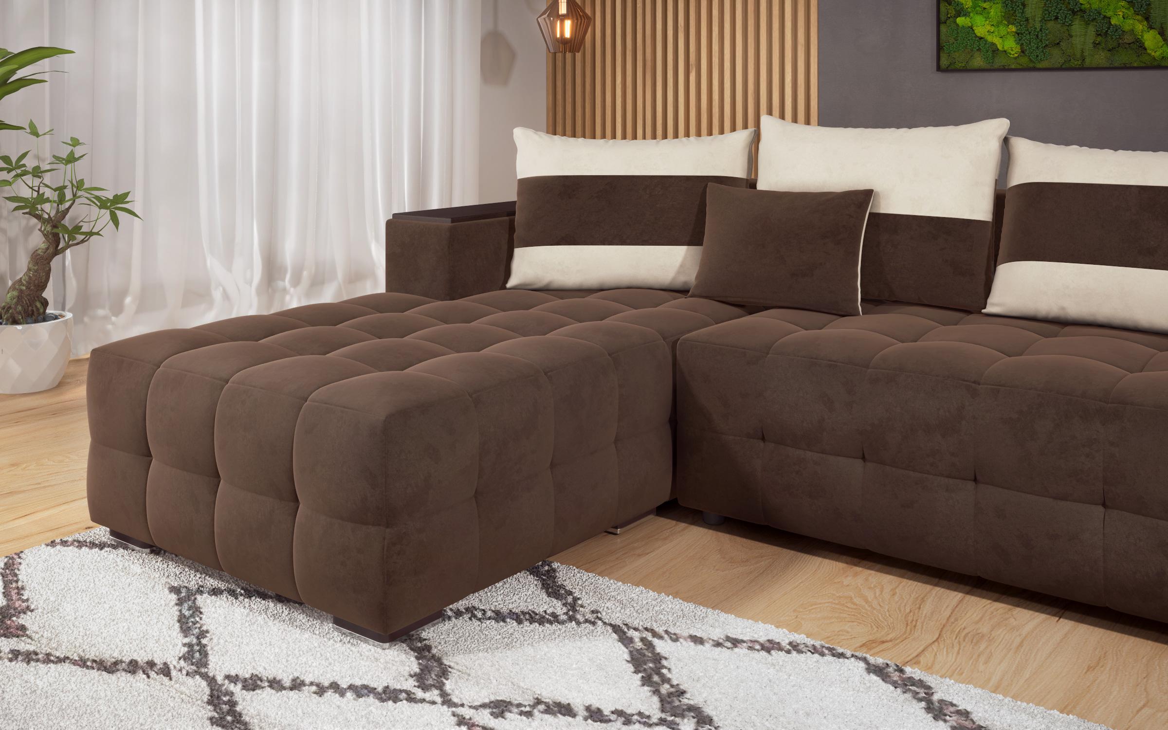 Γωνιακός καναπές - κρεβάτι με ανάκλιντρο και μπράτσο μίνι ραφιέρα Melvin, σκούρο καφέ + ανοιχτό μπεζ  6