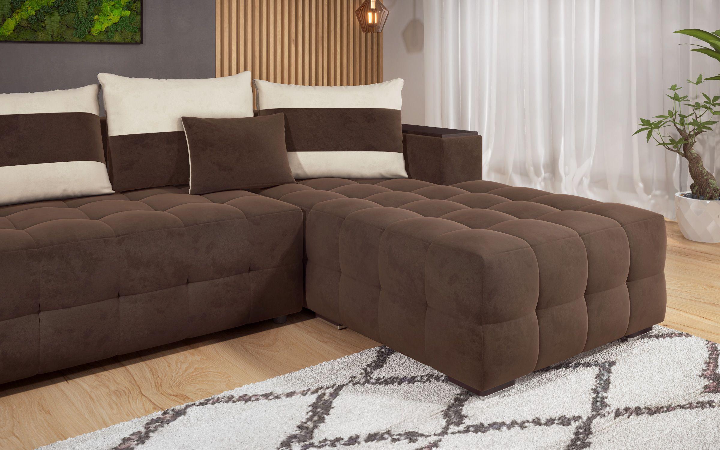Γωνιακός καναπές - κρεβάτι με ανάκλιντρο και μπράτσο μίνι ραφιέρα Melvin, σκούρο καφέ + ανοιχτό μπεζ  5