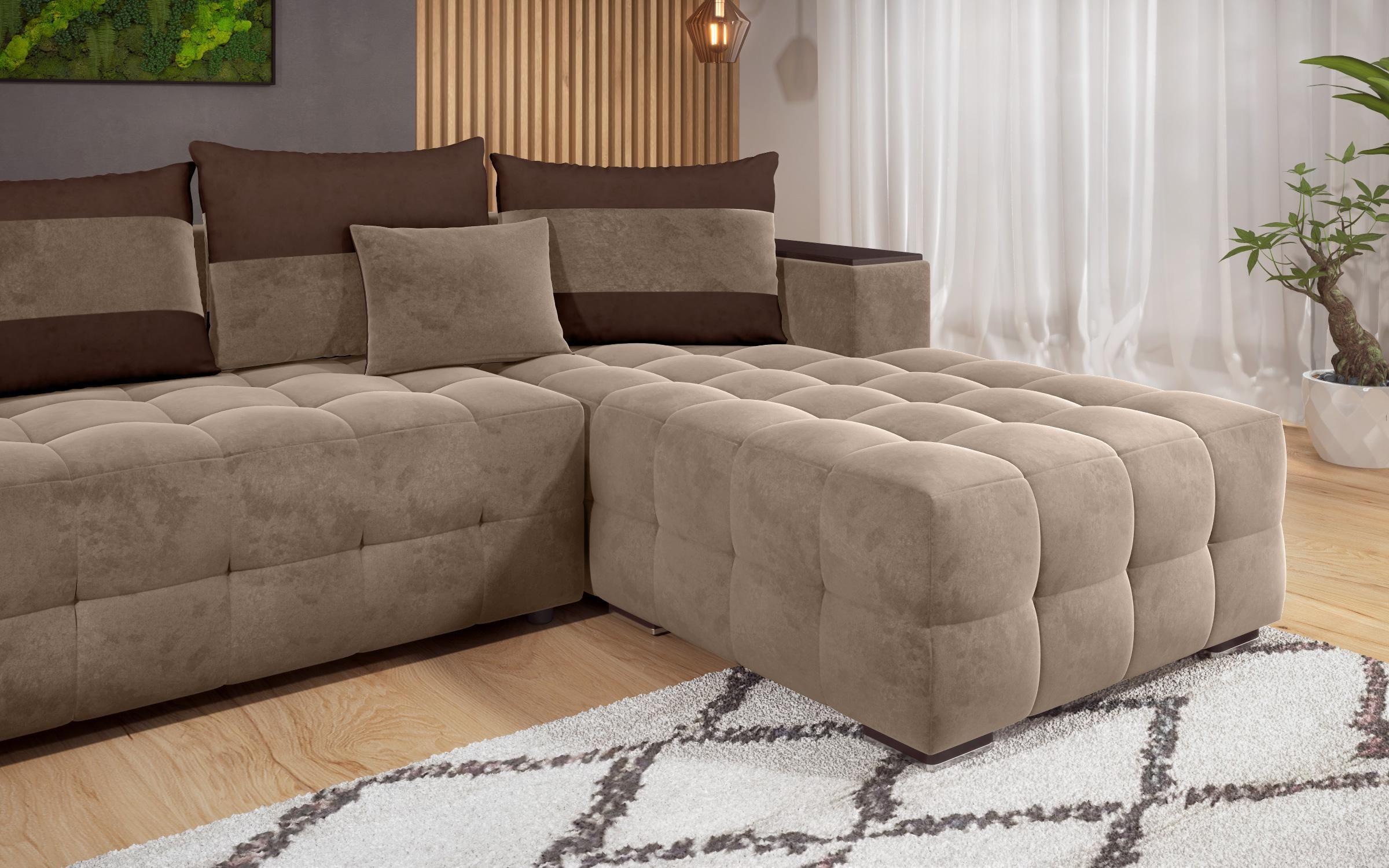 Γωνιακός καναπές - κρεβάτι με ανάκλιντρο και μπράτσο μίνι ραφιέρα Melvin, σκούρο μπεζ + σκούρο καφέ  9