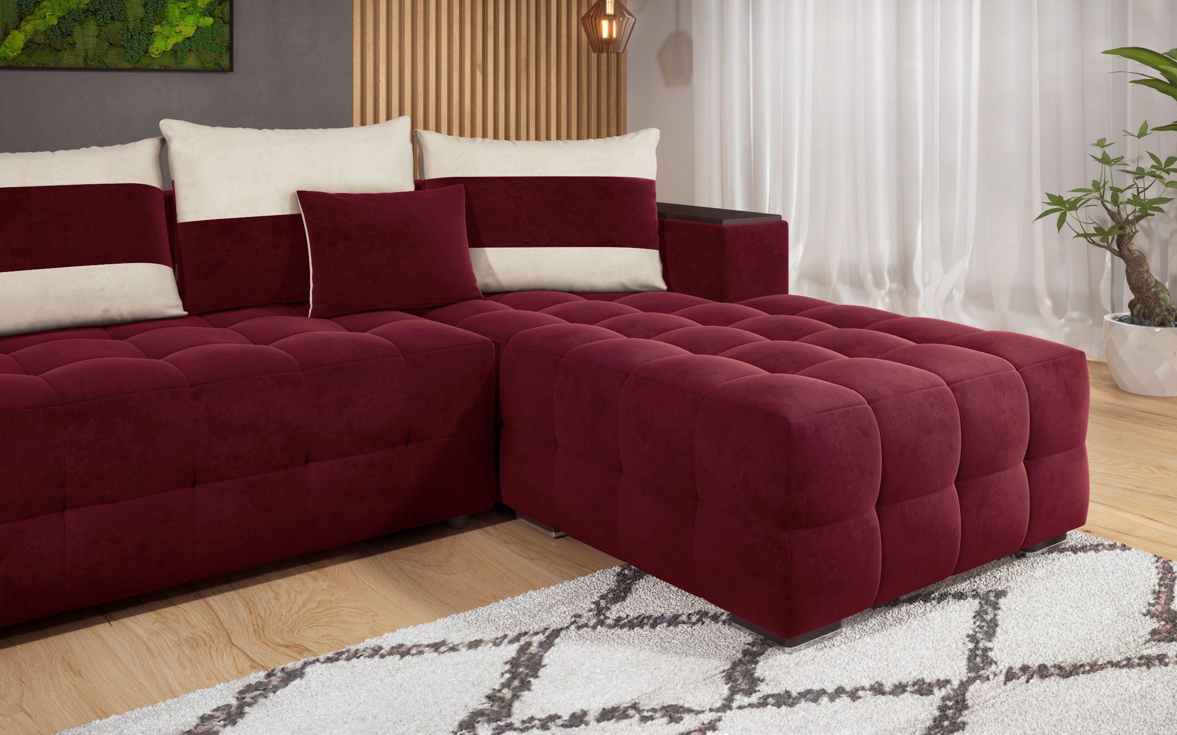 Γωνιακός καναπές - κρεβάτι με ανάκλιντρο και μπράτσο μίνι ραφιέρα Melvin, μπορντό + ανοιχτό μπεζ  6
