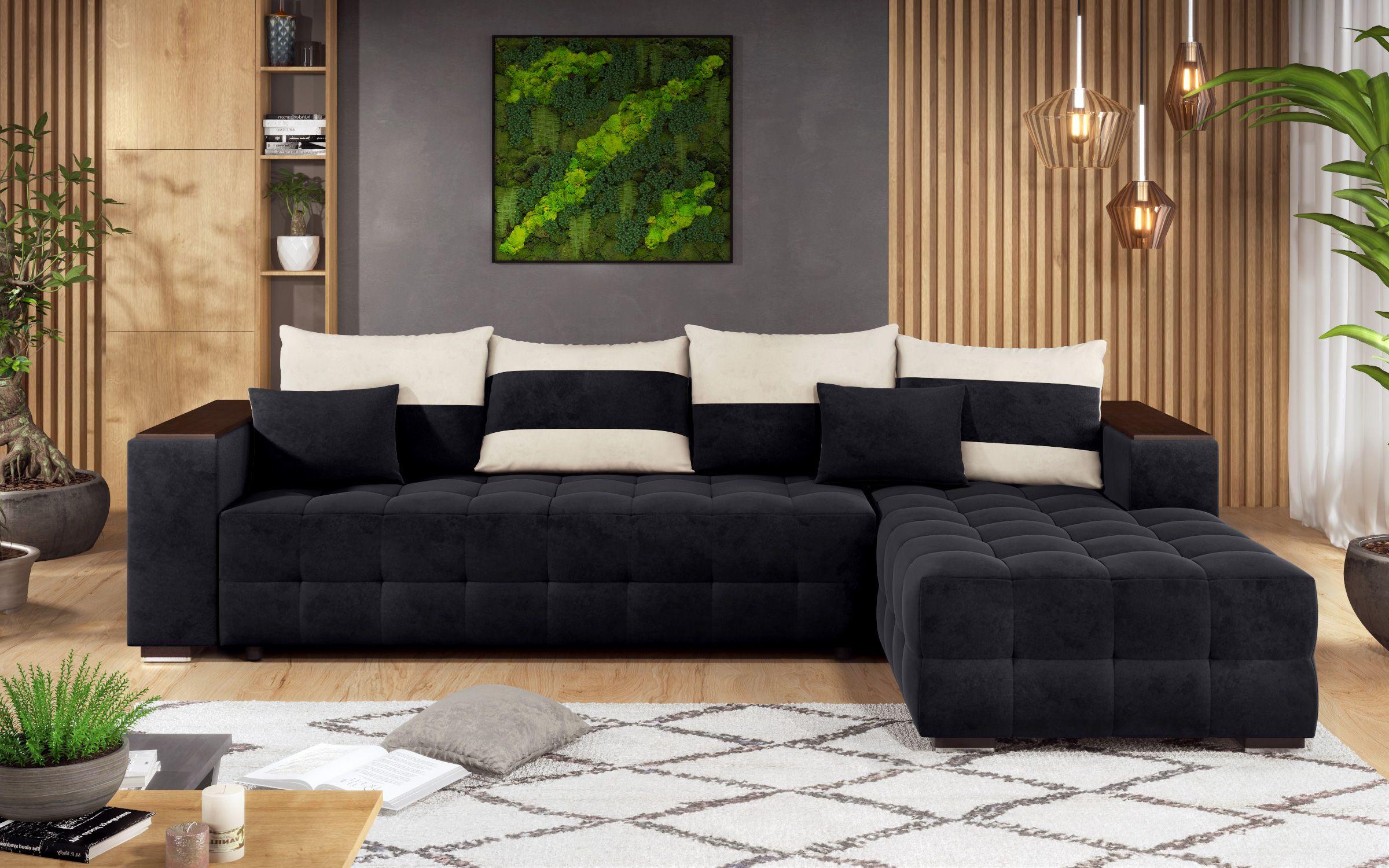 Γωνιακός καναπές - κρεβάτι με ανάκλιντρο και μπράτσο μίνι ραφιέρα Melvin, μαύρο + ανοιχτό μπεζ  1