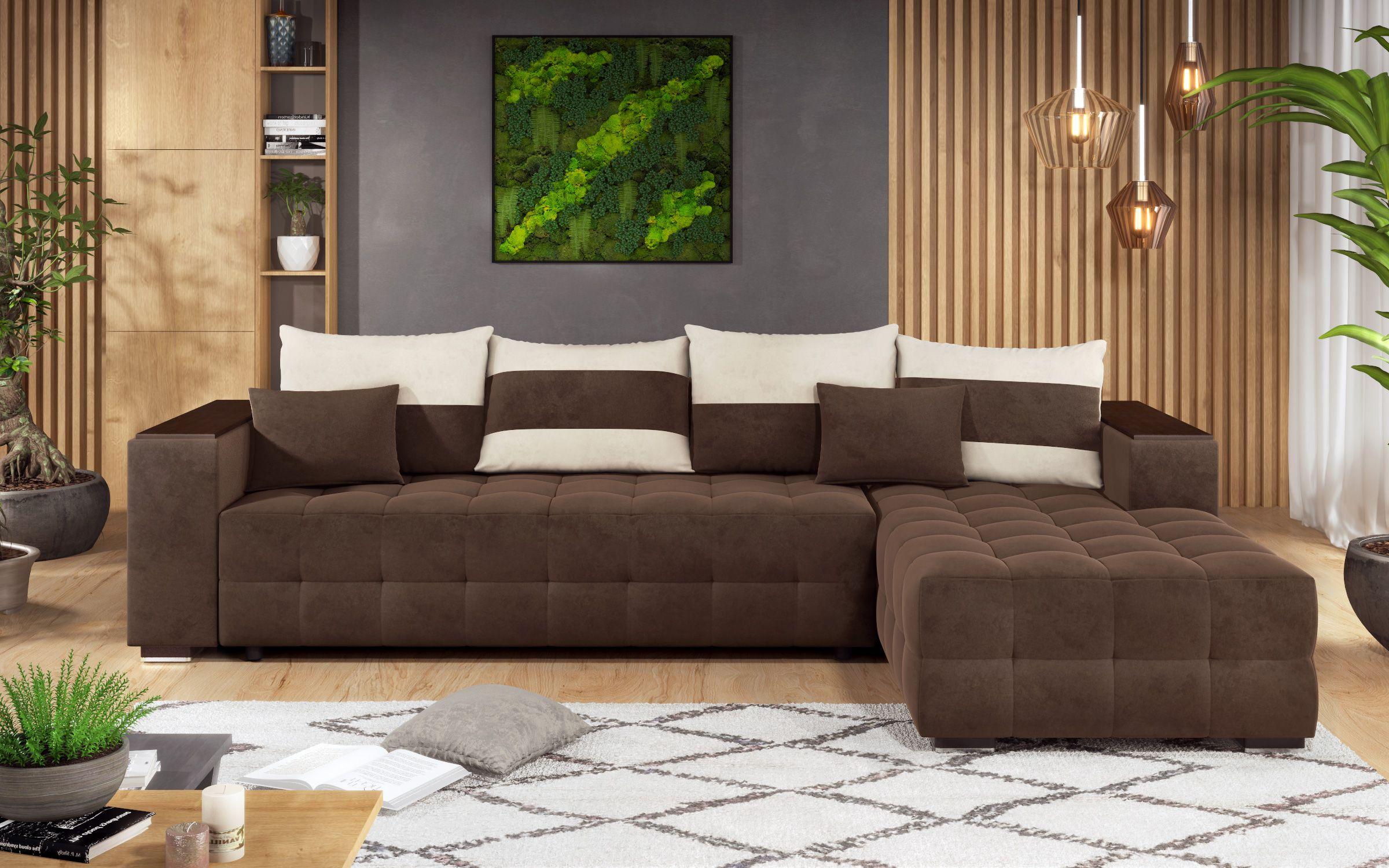 Γωνιακός καναπές - κρεβάτι με ανάκλιντρο και μπράτσο μίνι ραφιέρα Melvin, σκούρο καφέ + ανοιχτό μπεζ  1