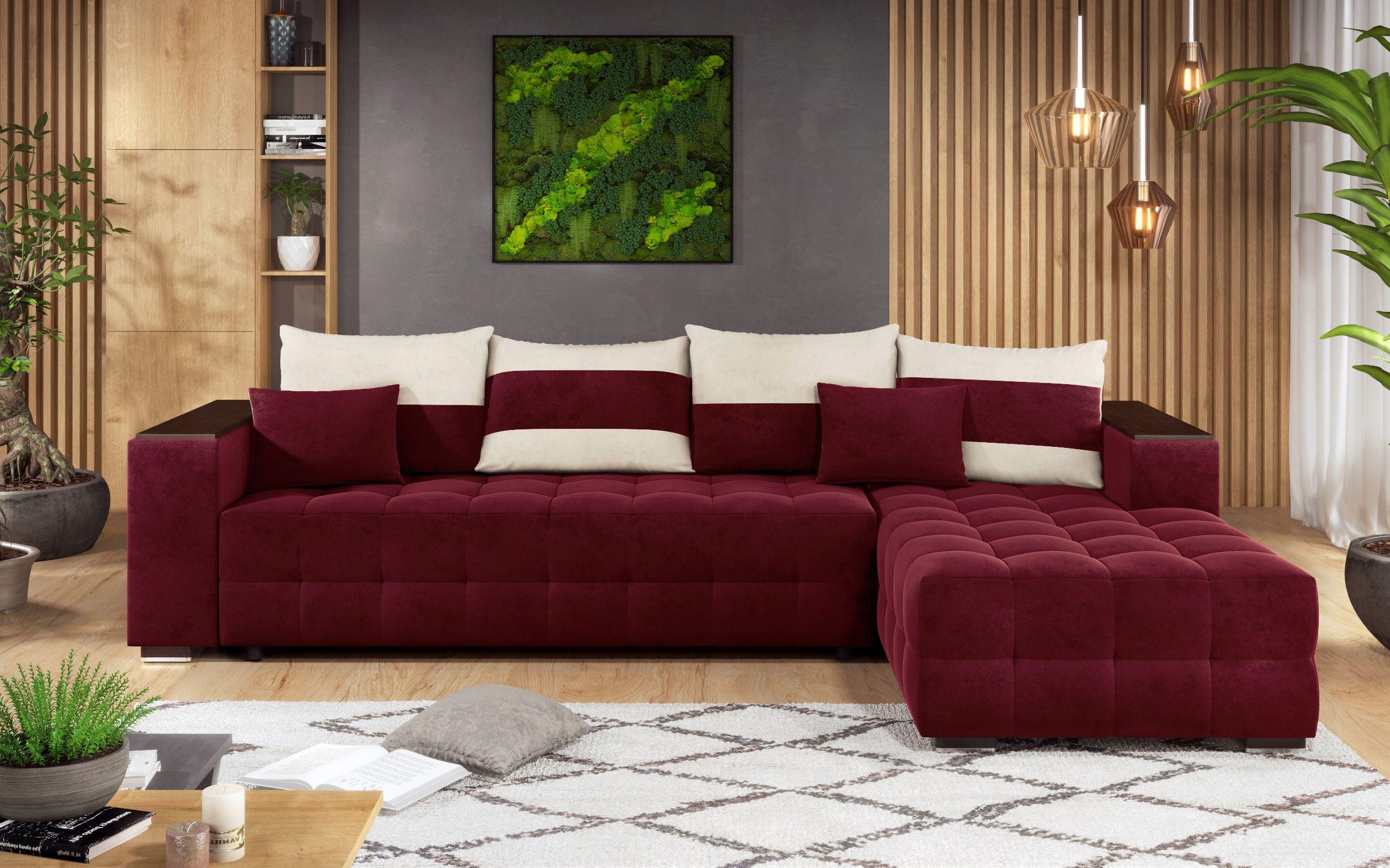 Γωνιακός καναπές - κρεβάτι με ανάκλιντρο και μπράτσο μίνι ραφιέρα Melvin, μπορντό + ανοιχτό μπεζ  1