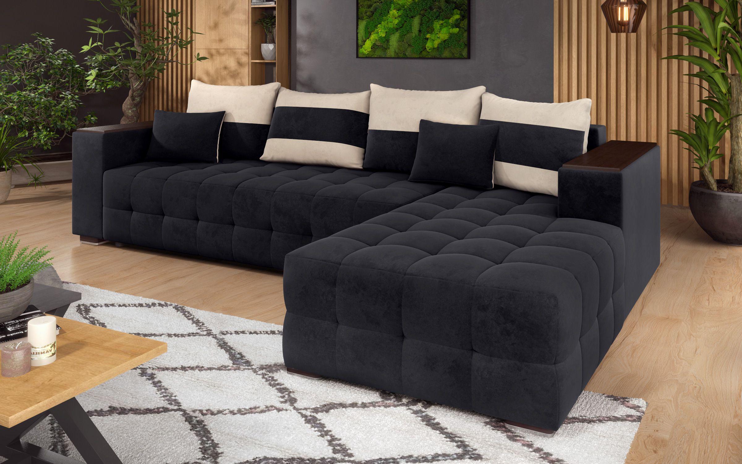Γωνιακός καναπές - κρεβάτι με ανάκλιντρο και μπράτσο μίνι ραφιέρα Melvin, μαύρο + ανοιχτό μπεζ  5