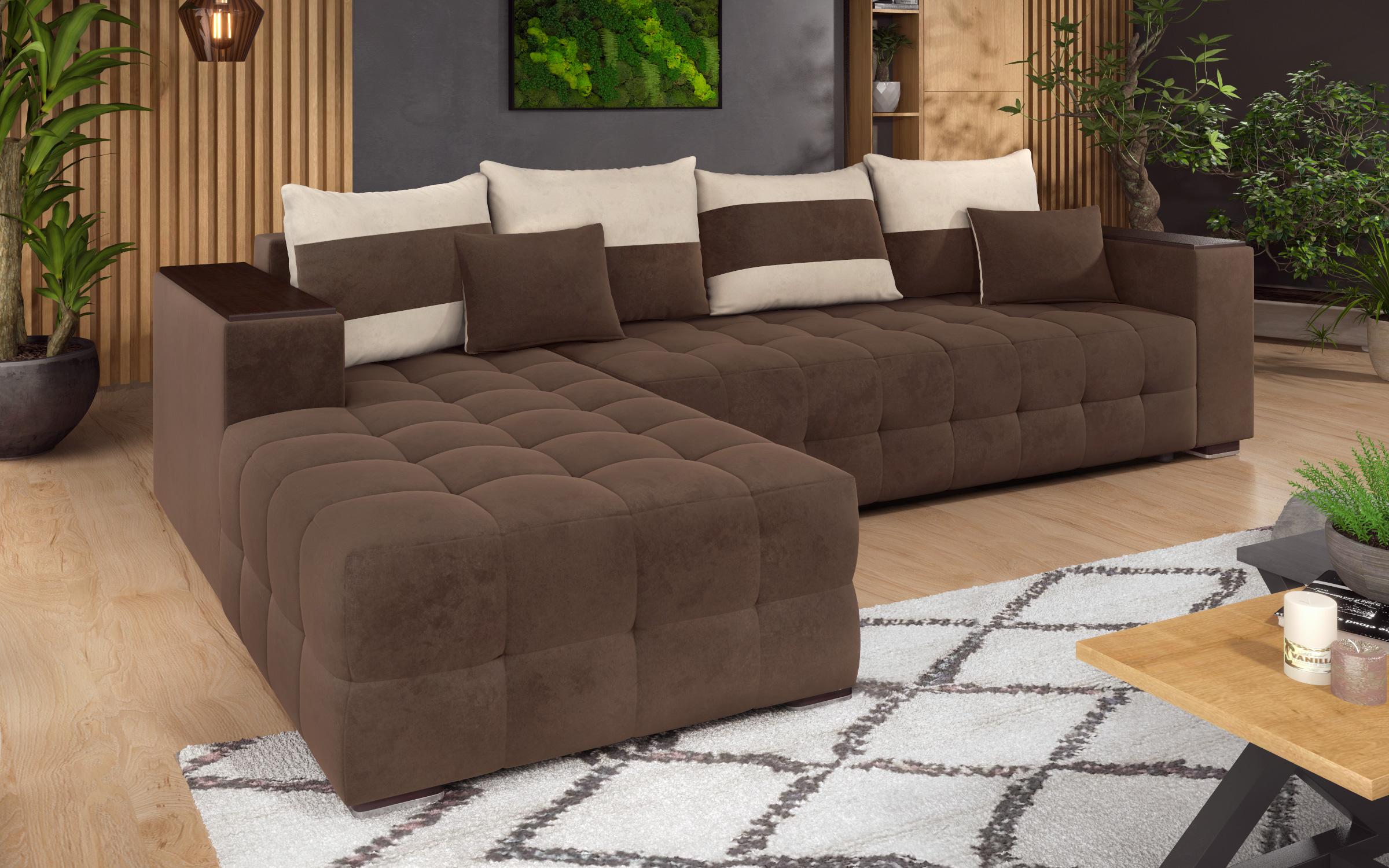 Γωνιακός καναπές - κρεβάτι με ανάκλιντρο και μπράτσο μίνι ραφιέρα Melvin, σκούρο καφέ + ανοιχτό μπεζ  3