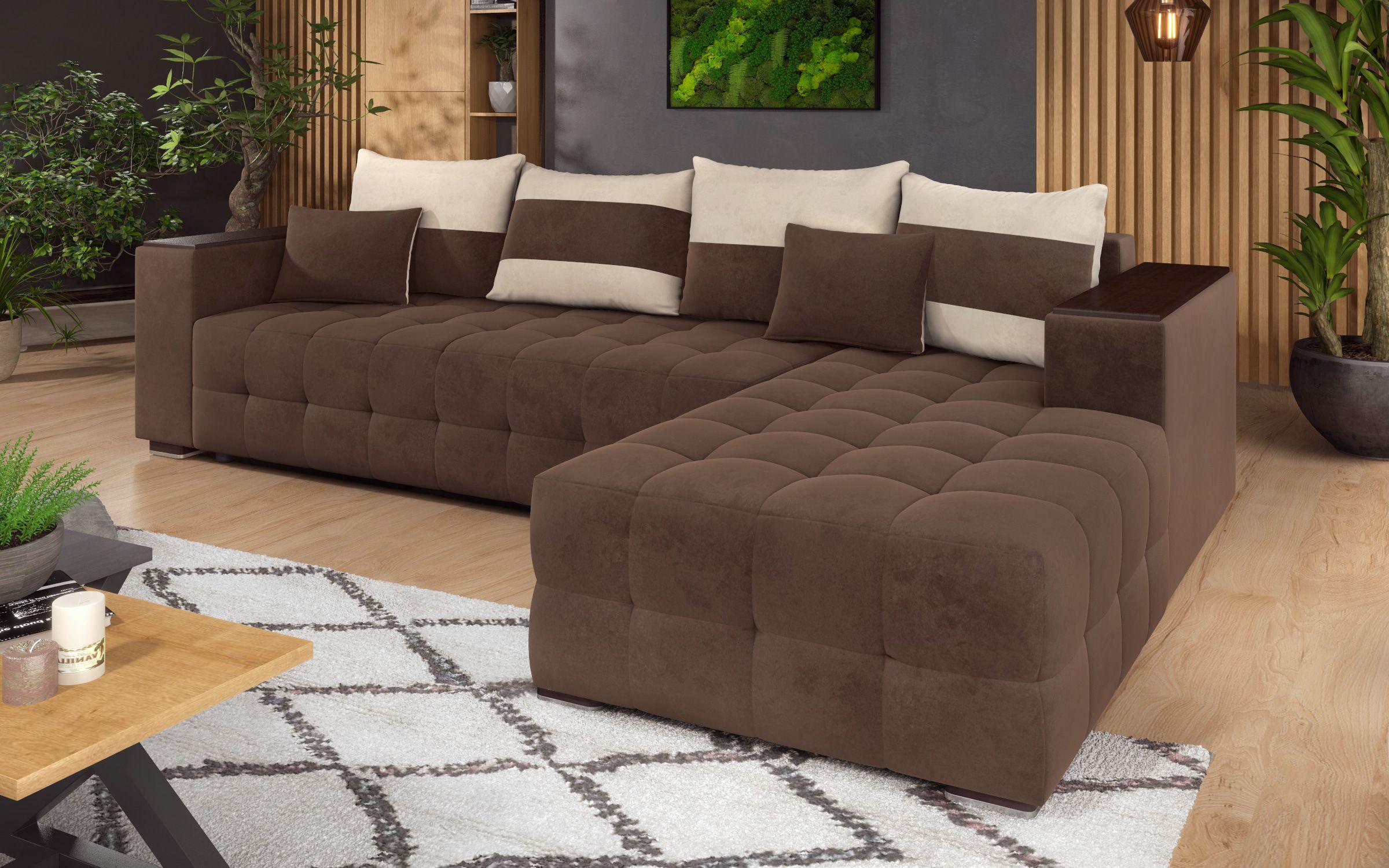 Γωνιακός καναπές - κρεβάτι με ανάκλιντρο και μπράτσο μίνι ραφιέρα Melvin, σκούρο καφέ + ανοιχτό μπεζ  4