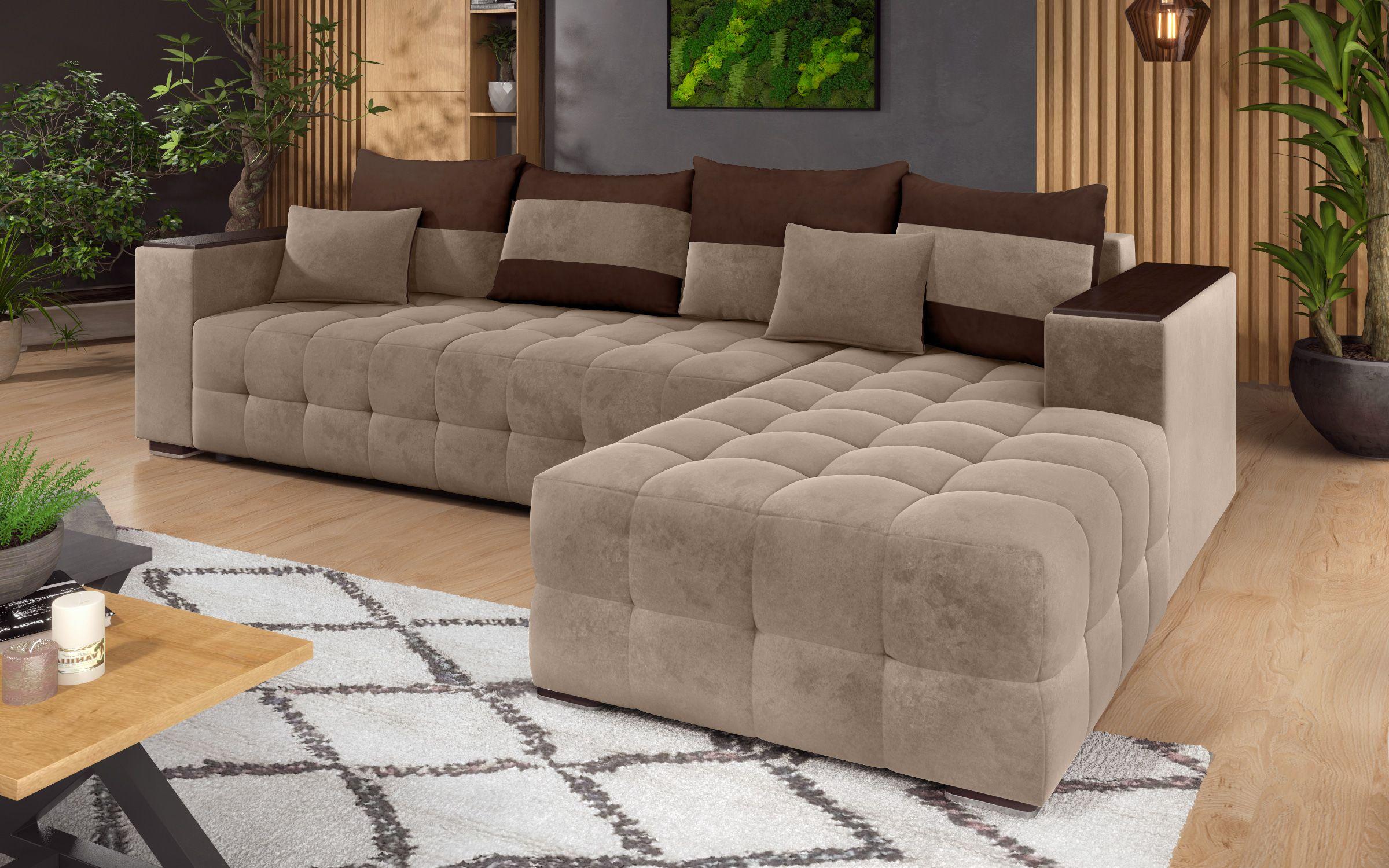 Γωνιακός καναπές - κρεβάτι με ανάκλιντρο και μπράτσο μίνι ραφιέρα Melvin, σκούρο μπεζ + σκούρο καφέ  3