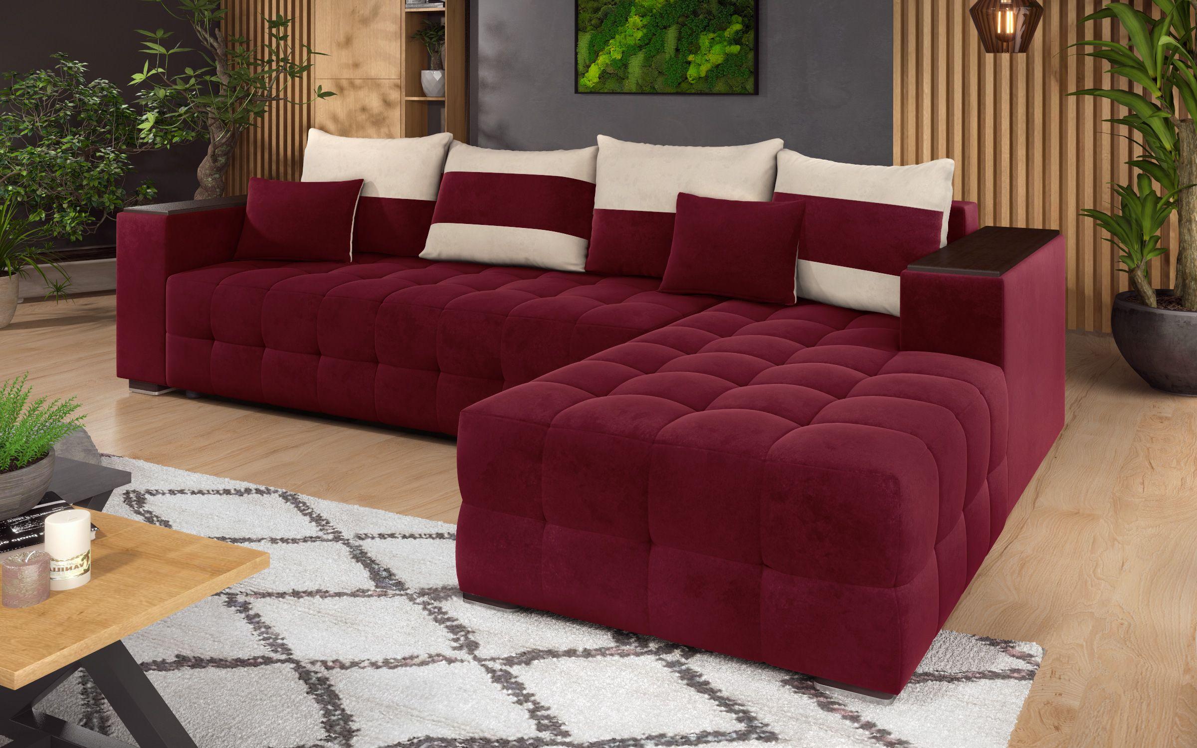 Γωνιακός καναπές - κρεβάτι με ανάκλιντρο και μπράτσο μίνι ραφιέρα Melvin, μπορντό + ανοιχτό μπεζ  5