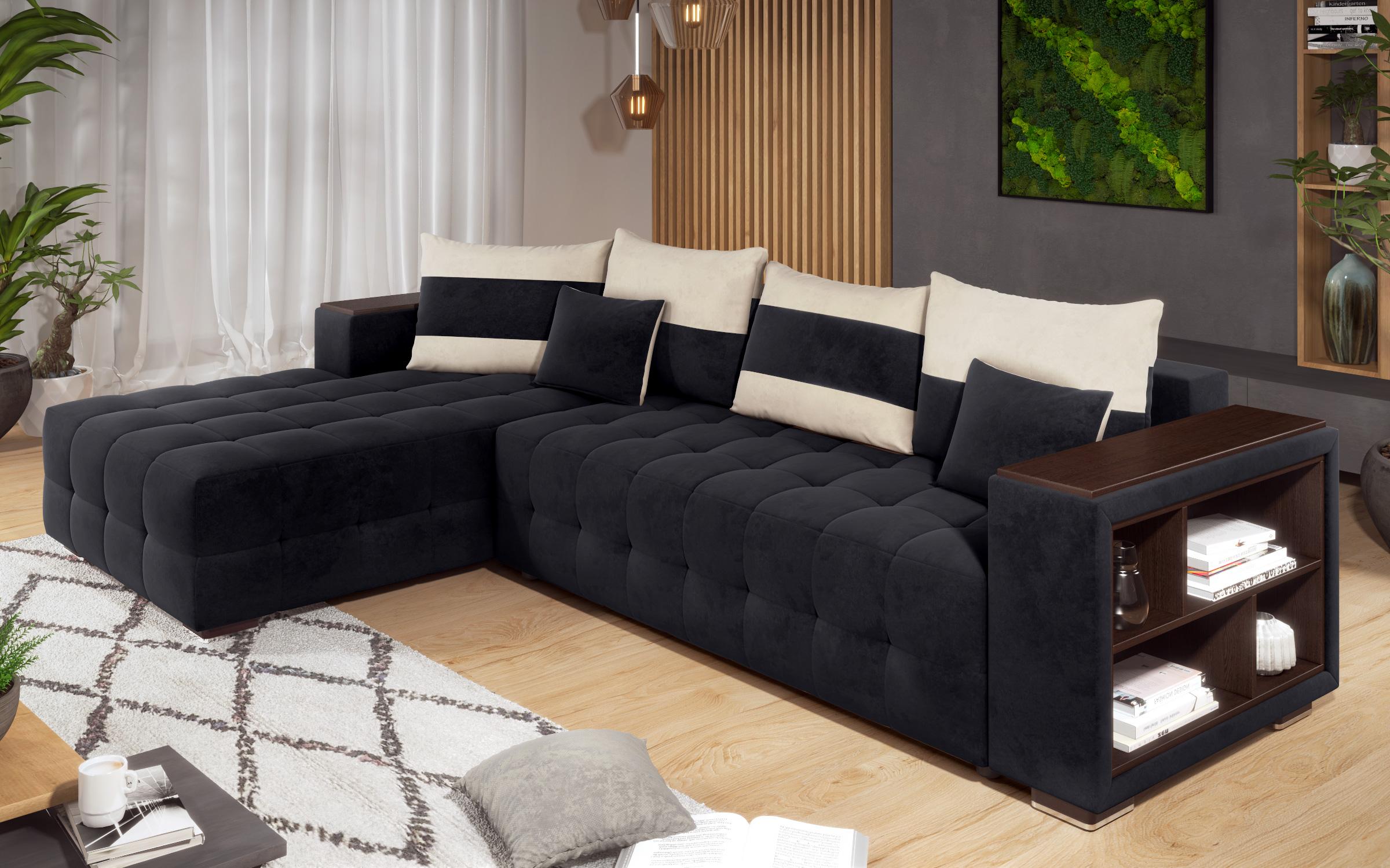 Γωνιακός καναπές - κρεβάτι με ανάκλιντρο και μπράτσο μίνι ραφιέρα Melvin, μαύρο + ανοιχτό μπεζ  3