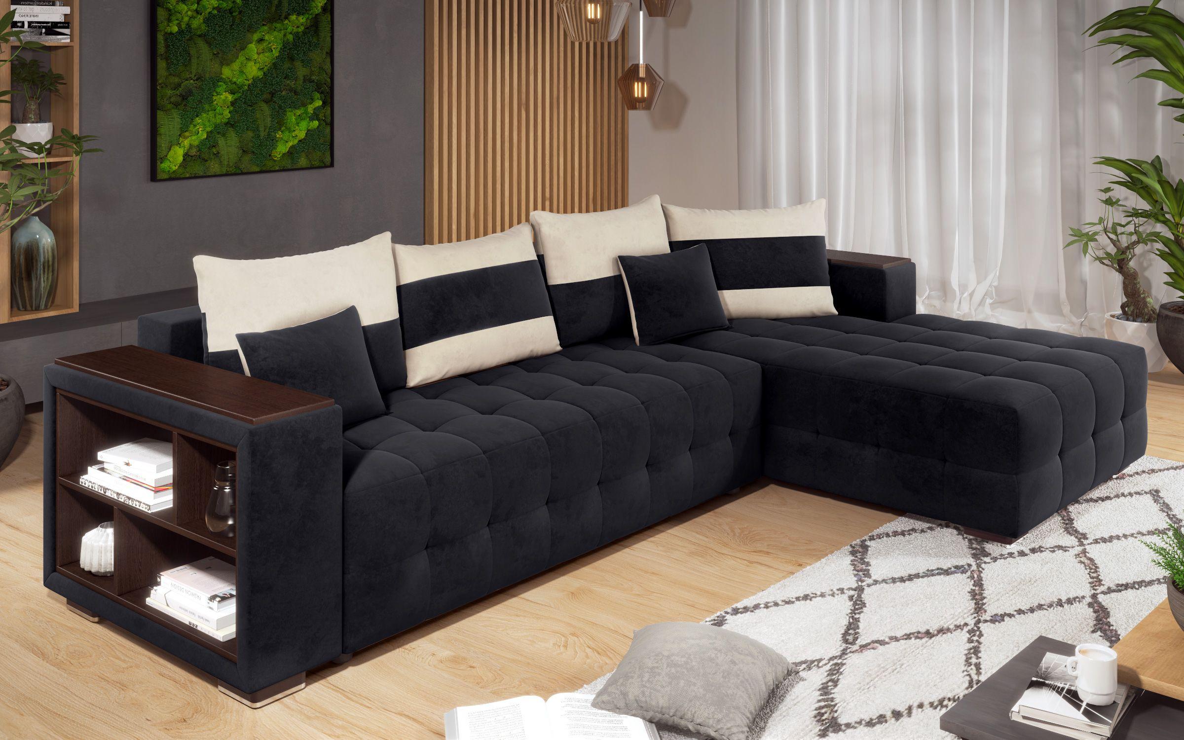 Γωνιακός καναπές - κρεβάτι με ανάκλιντρο και μπράτσο μίνι ραφιέρα Melvin, μαύρο + ανοιχτό μπεζ  3