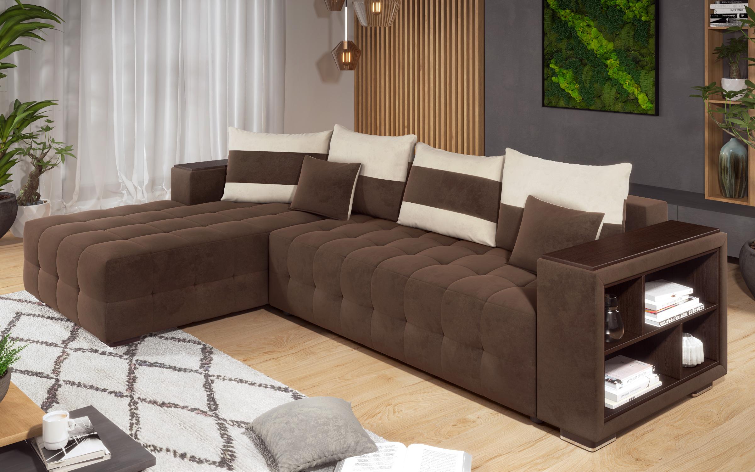 Γωνιακός καναπές - κρεβάτι με ανάκλιντρο και μπράτσο μίνι ραφιέρα Melvin, σκούρο καφέ + ανοιχτό μπεζ  4