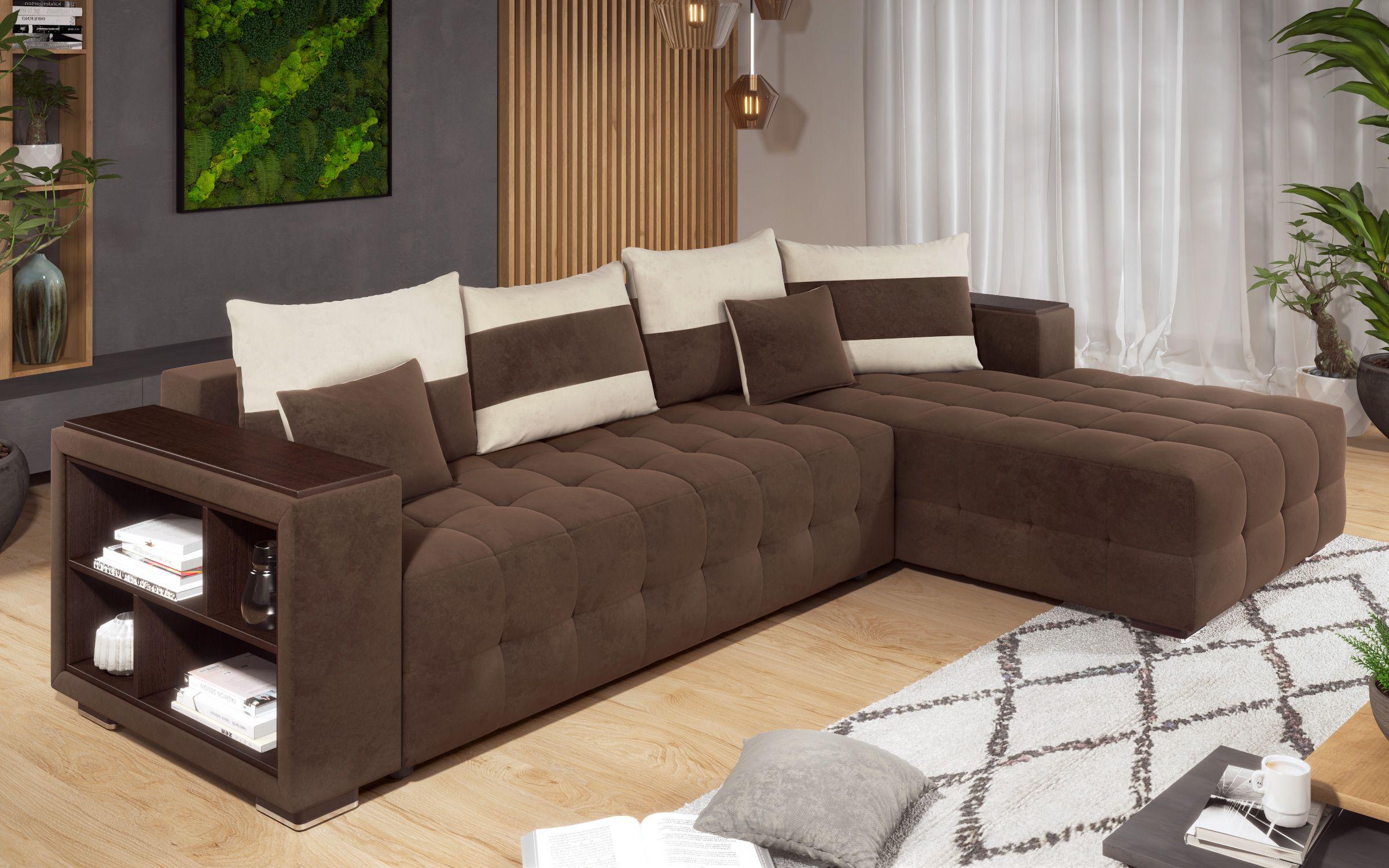Γωνιακός καναπές - κρεβάτι με ανάκλιντρο και μπράτσο μίνι ραφιέρα Melvin, σκούρο καφέ + ανοιχτό μπεζ  2