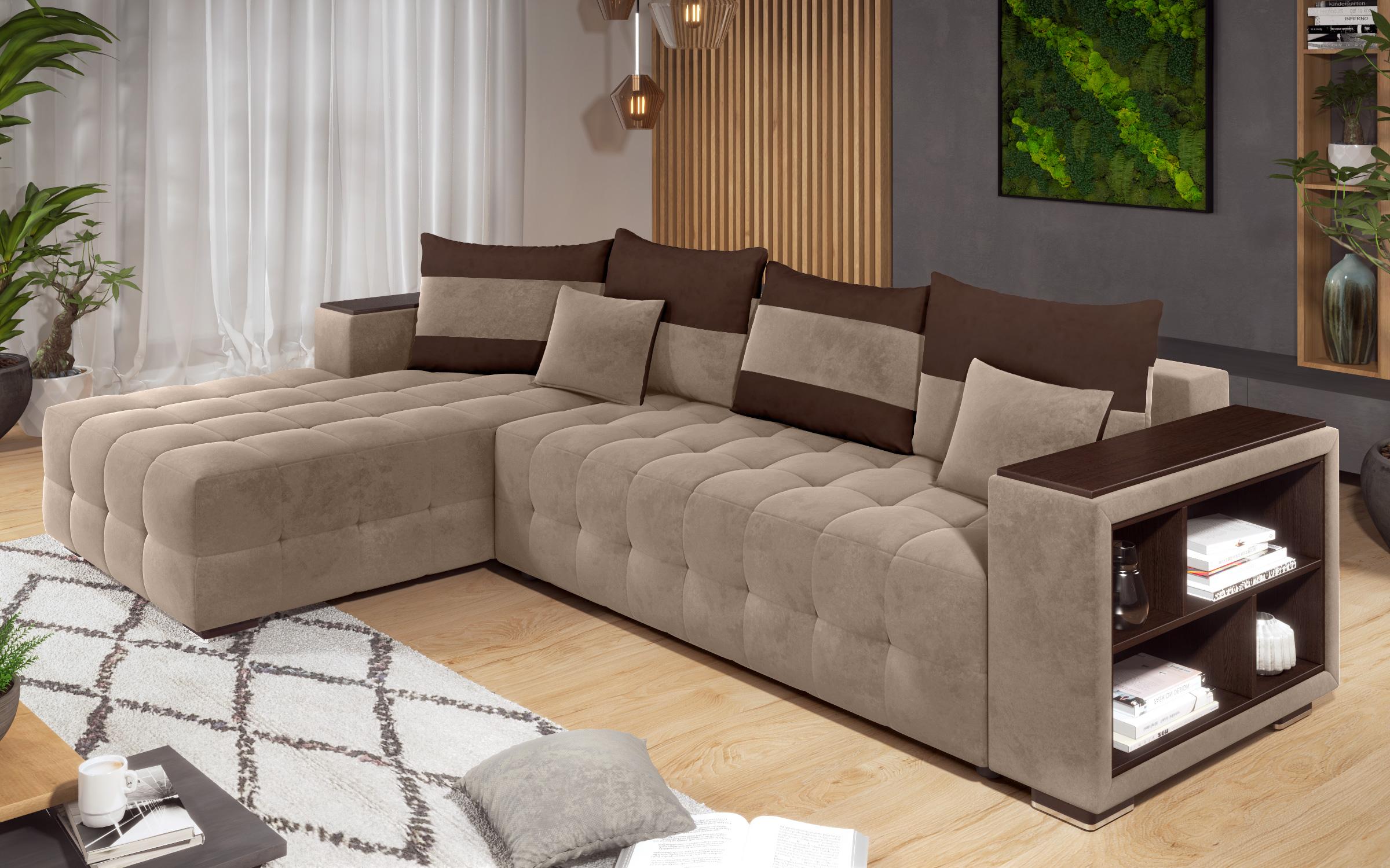 Γωνιακός καναπές - κρεβάτι με ανάκλιντρο και μπράτσο μίνι ραφιέρα Melvin, σκούρο μπεζ + σκούρο καφέ  4