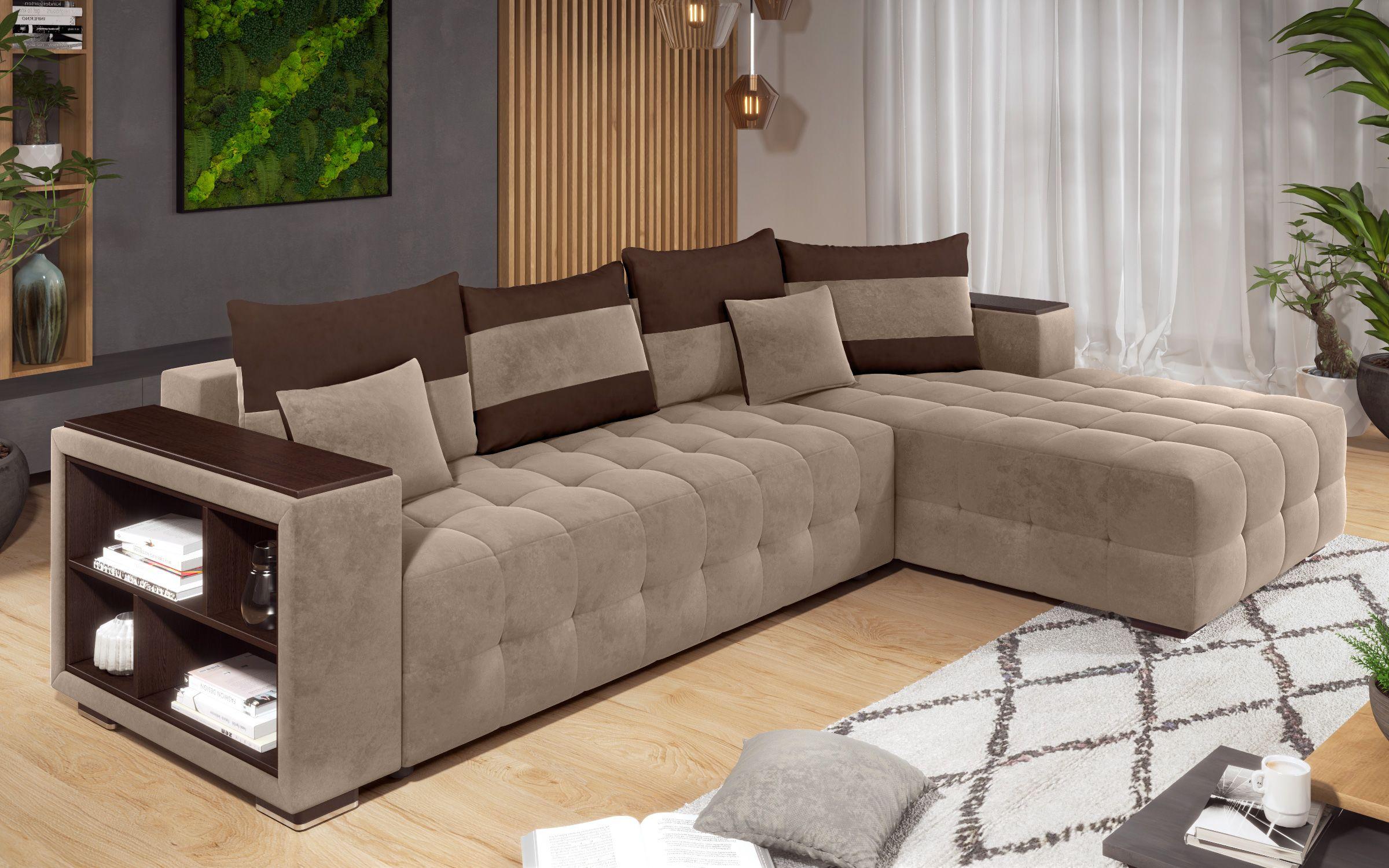 Γωνιακός καναπές - κρεβάτι με ανάκλιντρο και μπράτσο μίνι ραφιέρα Melvin, σκούρο μπεζ + σκούρο καφέ  4