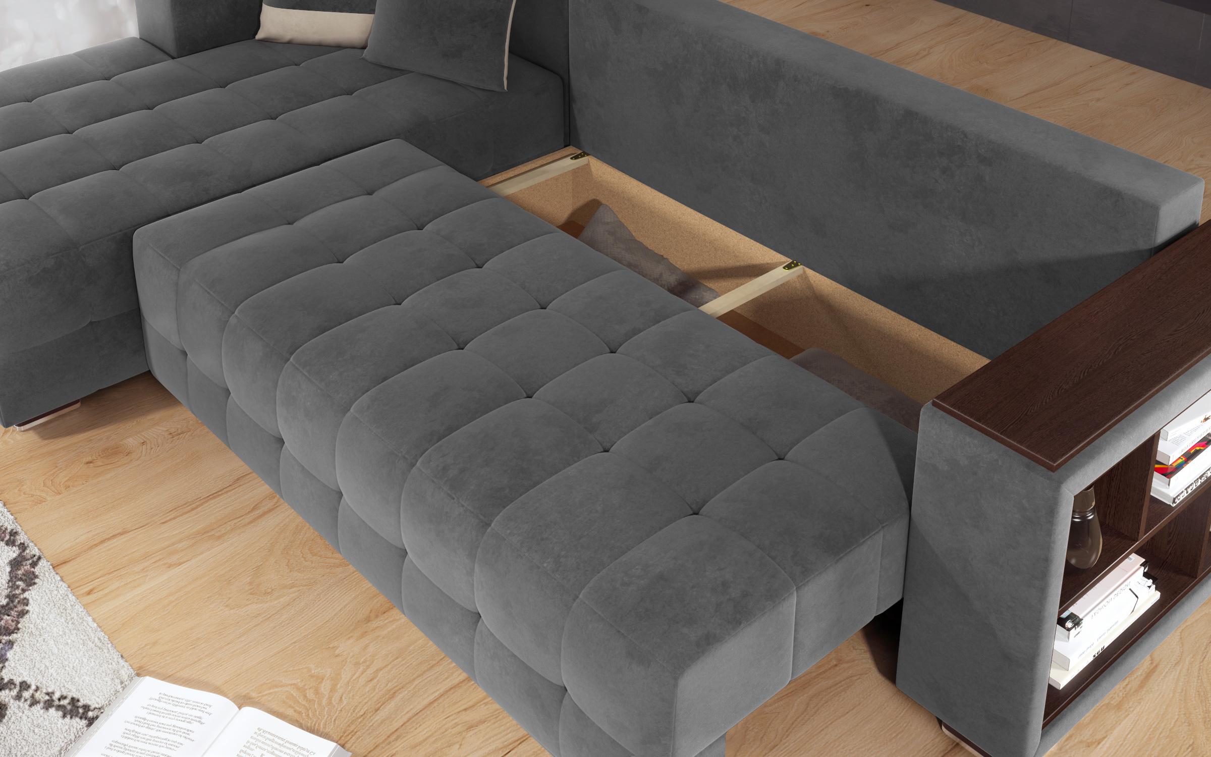 Γωνιακός καναπές - κρεβάτι με ανάκλιντρο και μπράτσο μίνι ραφιέρα Melvin, γκρι + ανοιχτό μπεζ  8