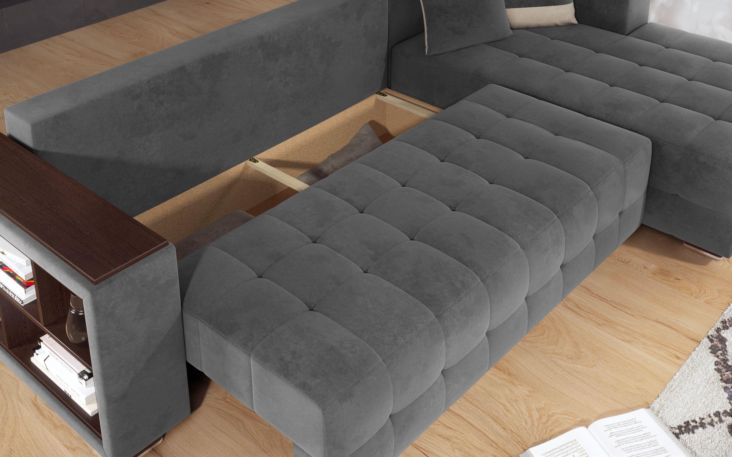 Γωνιακός καναπές - κρεβάτι με ανάκλιντρο και μπράτσο μίνι ραφιέρα Melvin, γκρι + ανοιχτό μπεζ  8