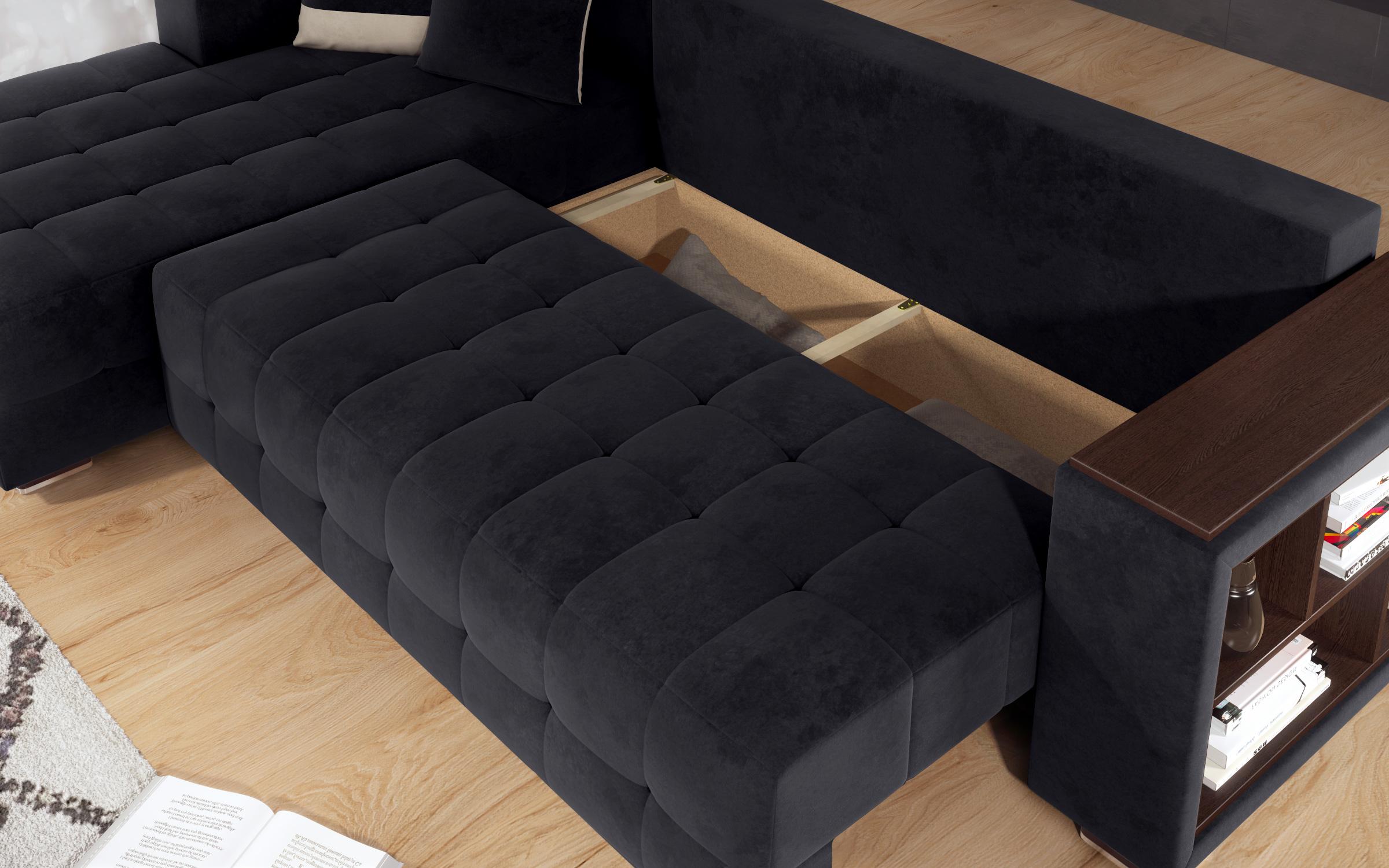 Γωνιακός καναπές - κρεβάτι με ανάκλιντρο και μπράτσο μίνι ραφιέρα Melvin, μαύρο + ανοιχτό μπεζ  8