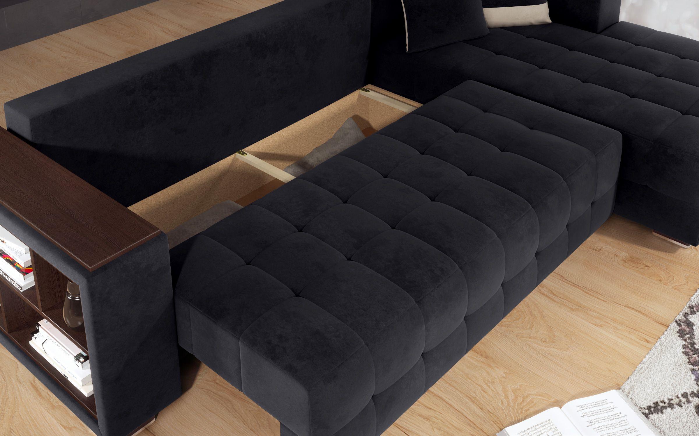 Γωνιακός καναπές - κρεβάτι με ανάκλιντρο και μπράτσο μίνι ραφιέρα Melvin, μαύρο + ανοιχτό μπεζ  8