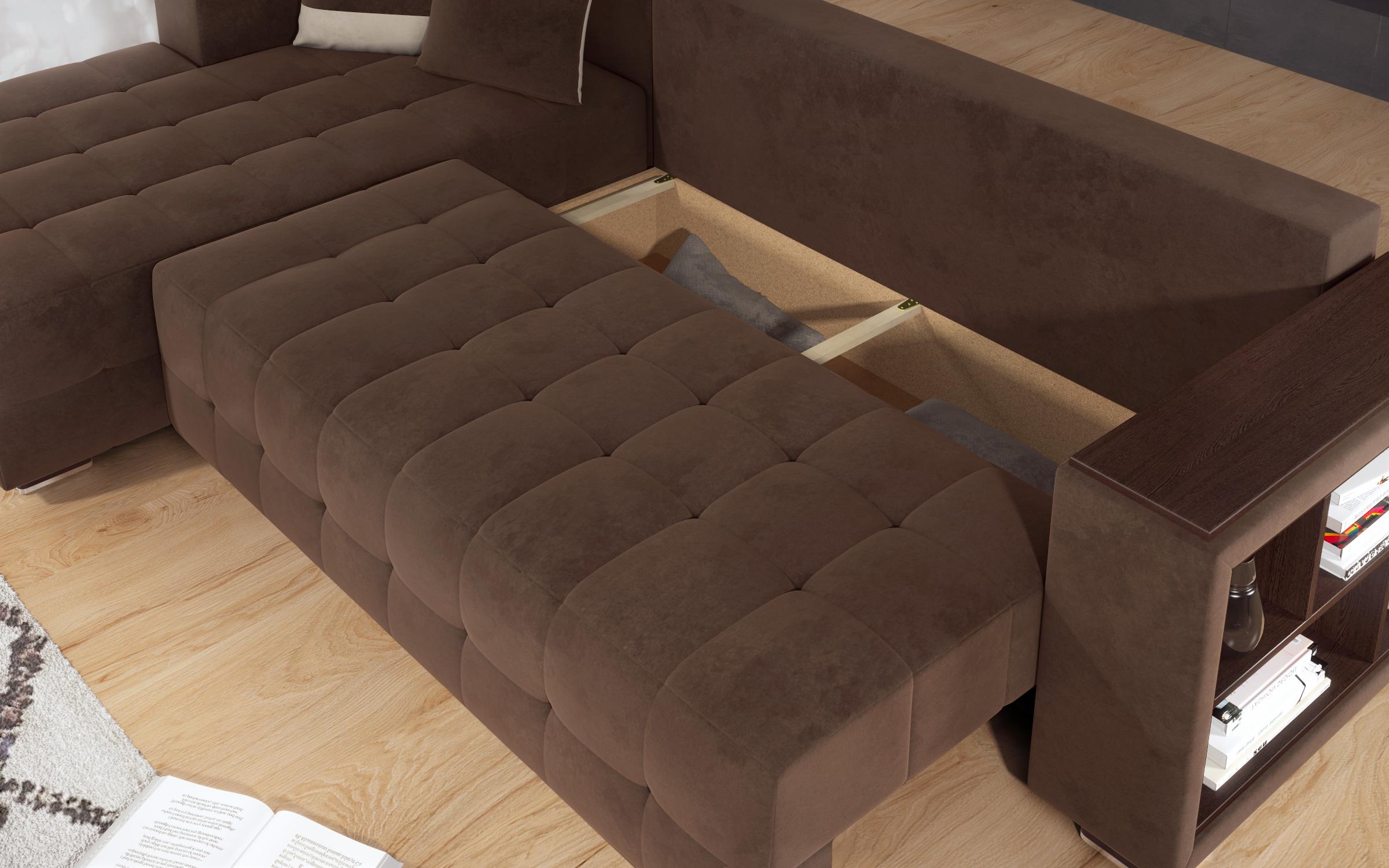 Γωνιακός καναπές - κρεβάτι με ανάκλιντρο και μπράτσο μίνι ραφιέρα Melvin, σκούρο καφέ + ανοιχτό μπεζ  8
