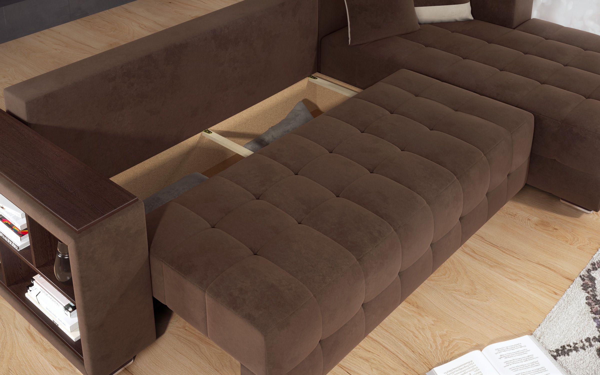 Γωνιακός καναπές - κρεβάτι με ανάκλιντρο και μπράτσο μίνι ραφιέρα Melvin, σκούρο καφέ + ανοιχτό μπεζ  7