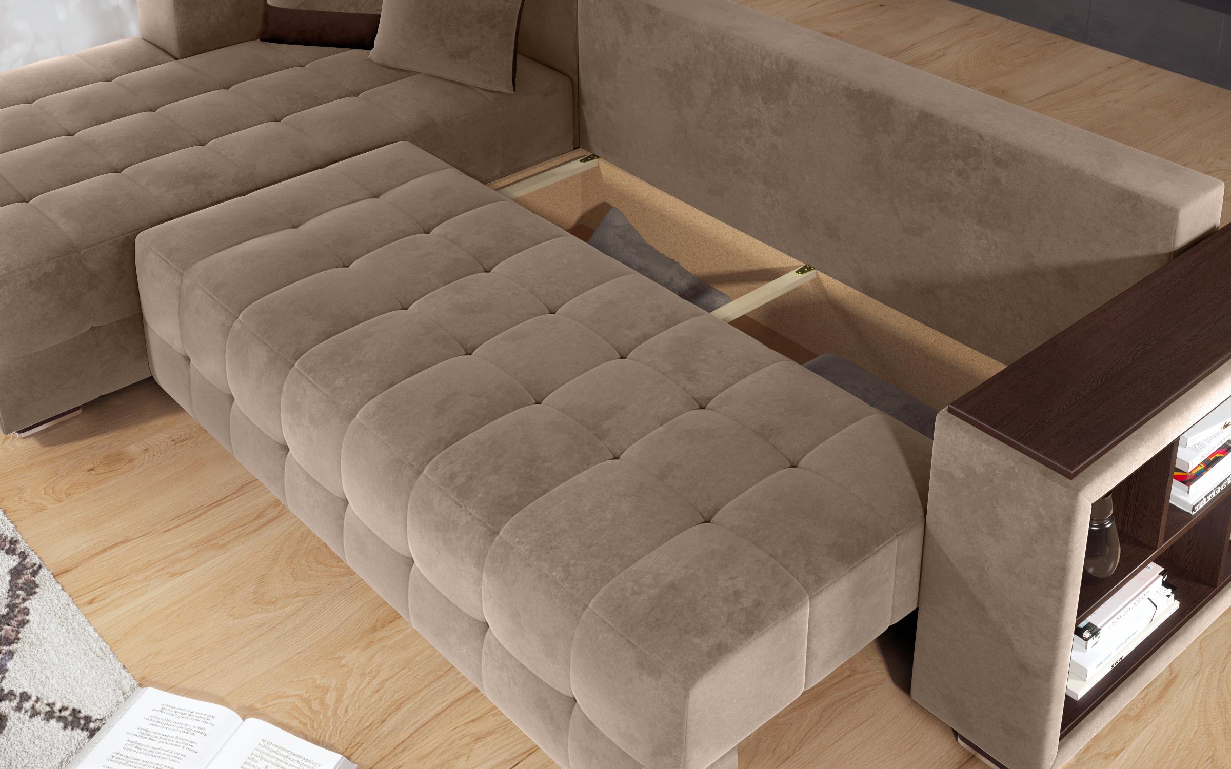 Γωνιακός καναπές - κρεβάτι με ανάκλιντρο και μπράτσο μίνι ραφιέρα Melvin, σκούρο μπεζ + σκούρο καφέ  5