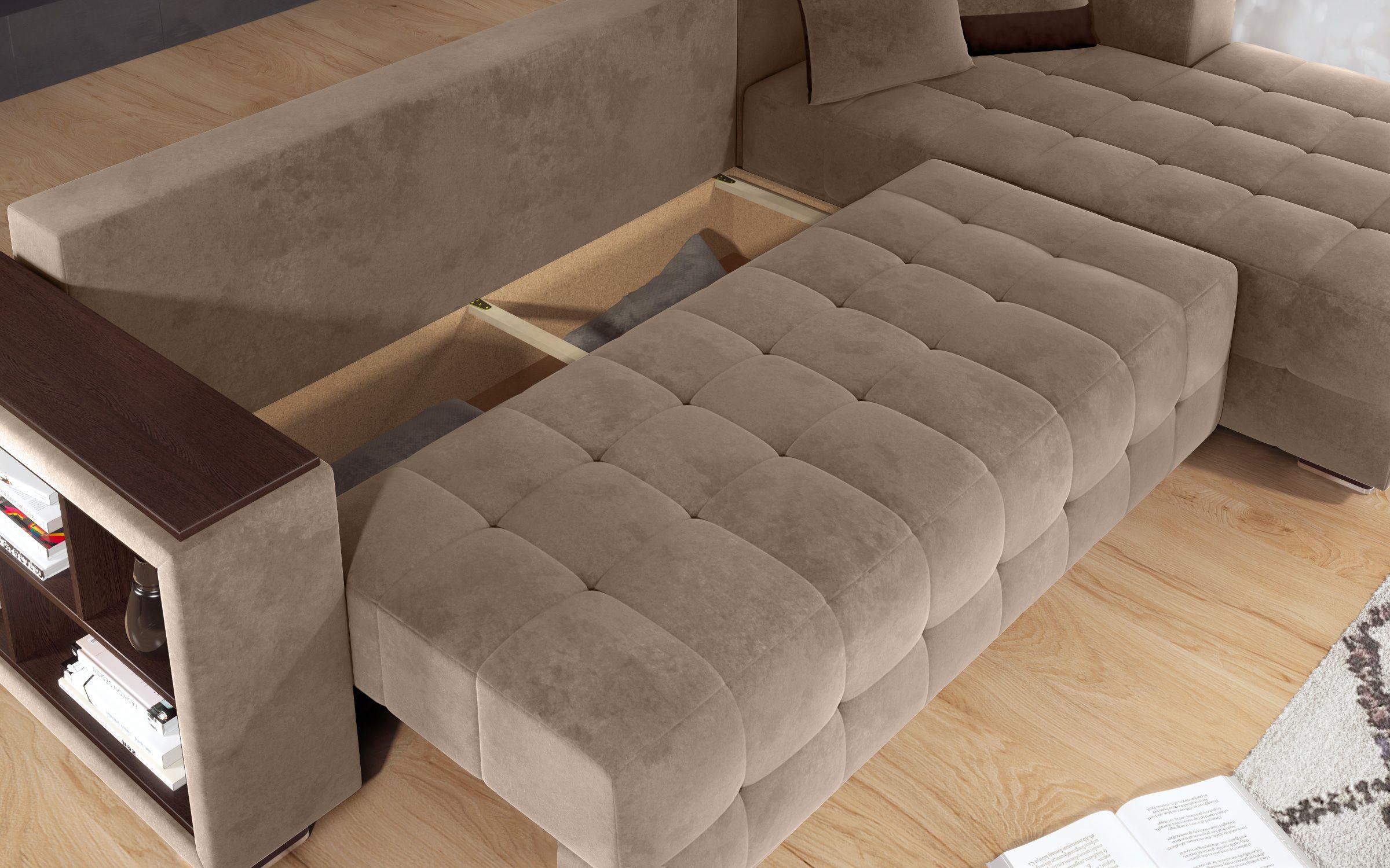 Γωνιακός καναπές - κρεβάτι με ανάκλιντρο και μπράτσο μίνι ραφιέρα Melvin, σκούρο μπεζ + σκούρο καφέ  5