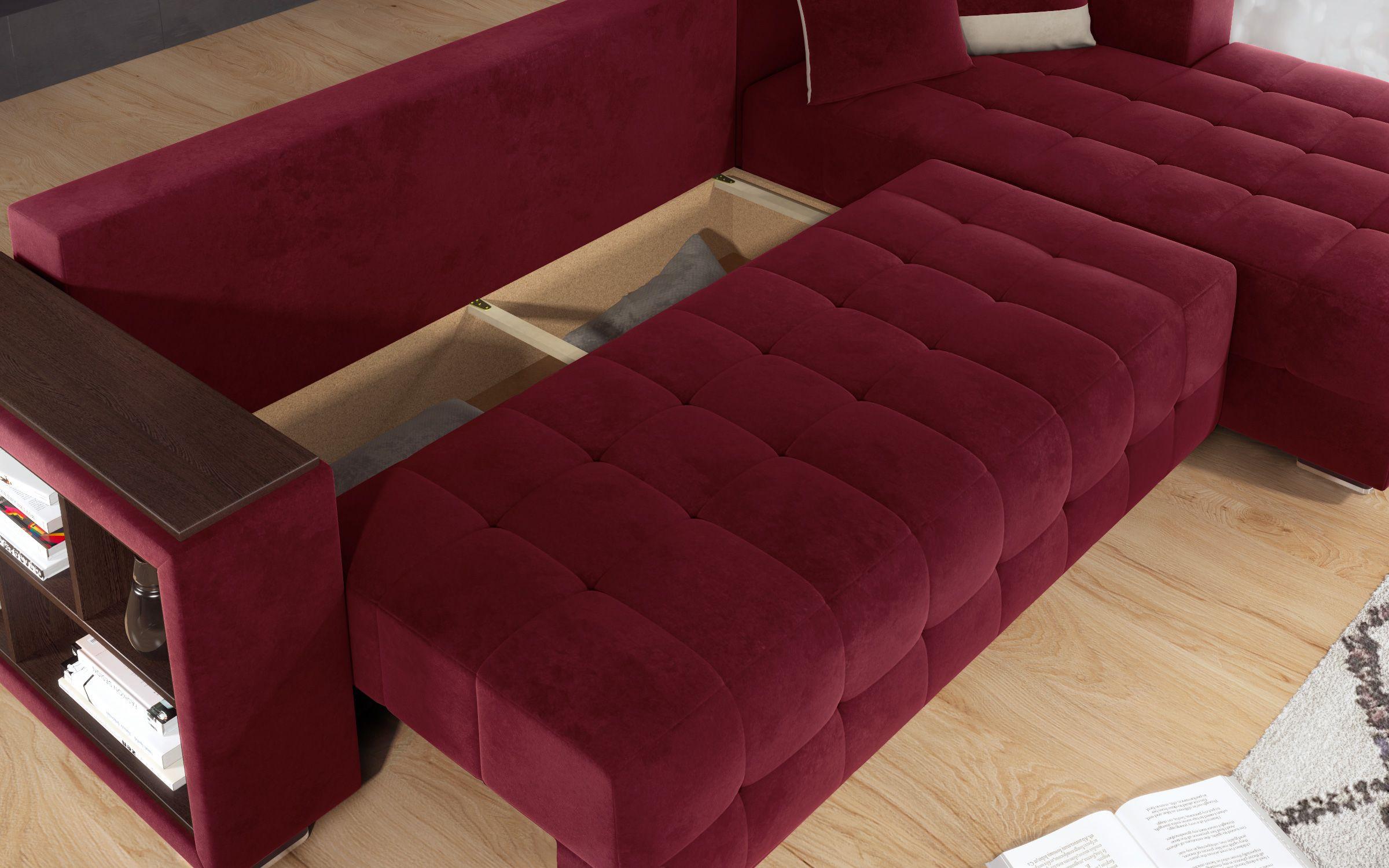 Γωνιακός καναπές - κρεβάτι με ανάκλιντρο και μπράτσο μίνι ραφιέρα Melvin, μπορντό + ανοιχτό μπεζ  8