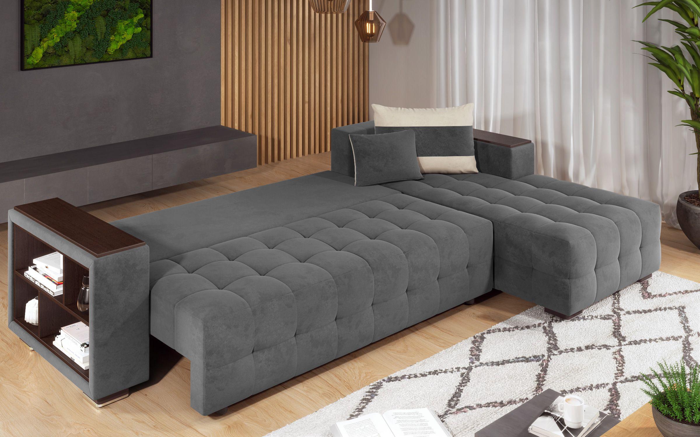Γωνιακός καναπές - κρεβάτι με ανάκλιντρο και μπράτσο μίνι ραφιέρα Melvin, γκρι + ανοιχτό μπεζ  9