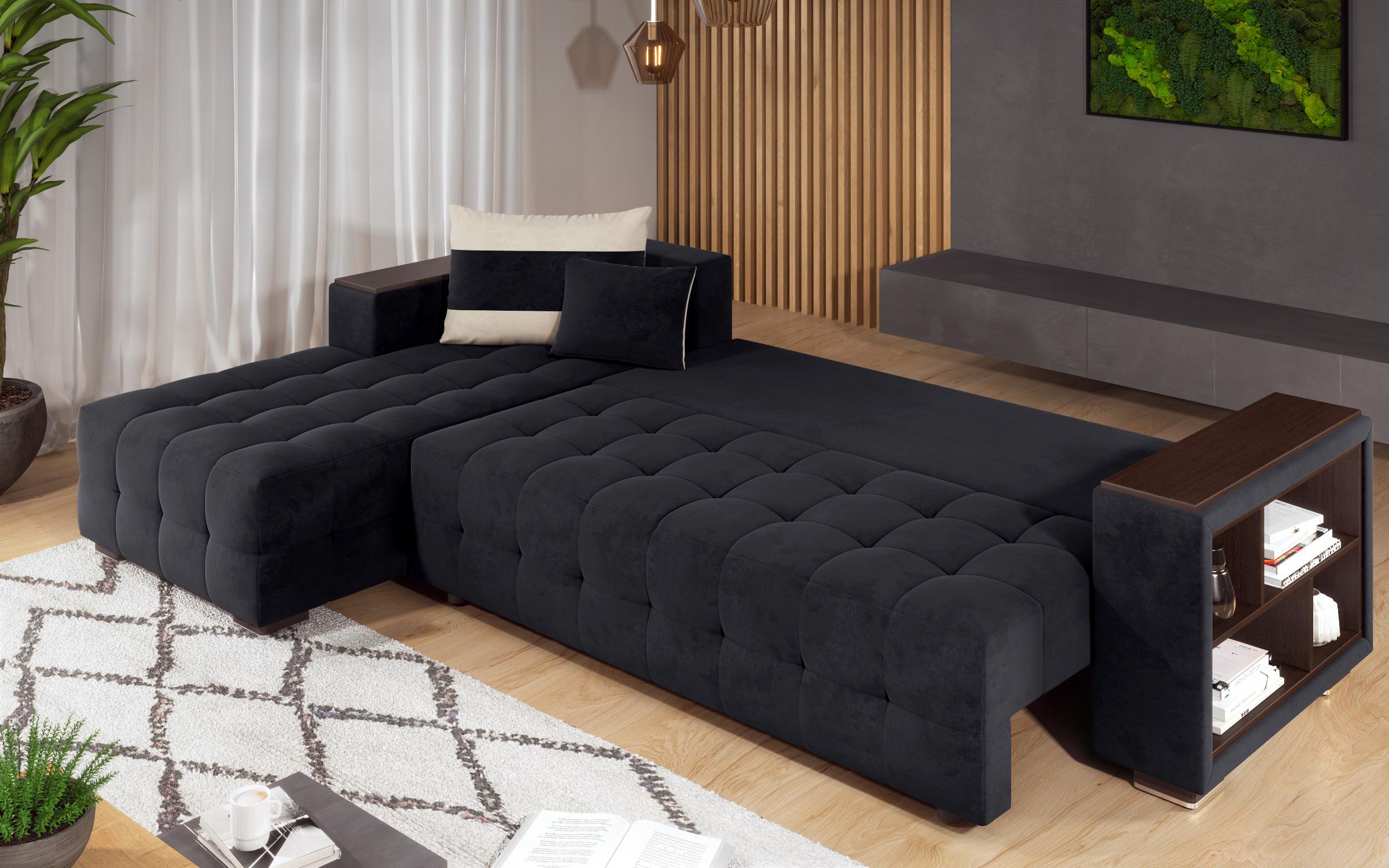Γωνιακός καναπές - κρεβάτι με ανάκλιντρο και μπράτσο μίνι ραφιέρα Melvin, μαύρο + ανοιχτό μπεζ  9