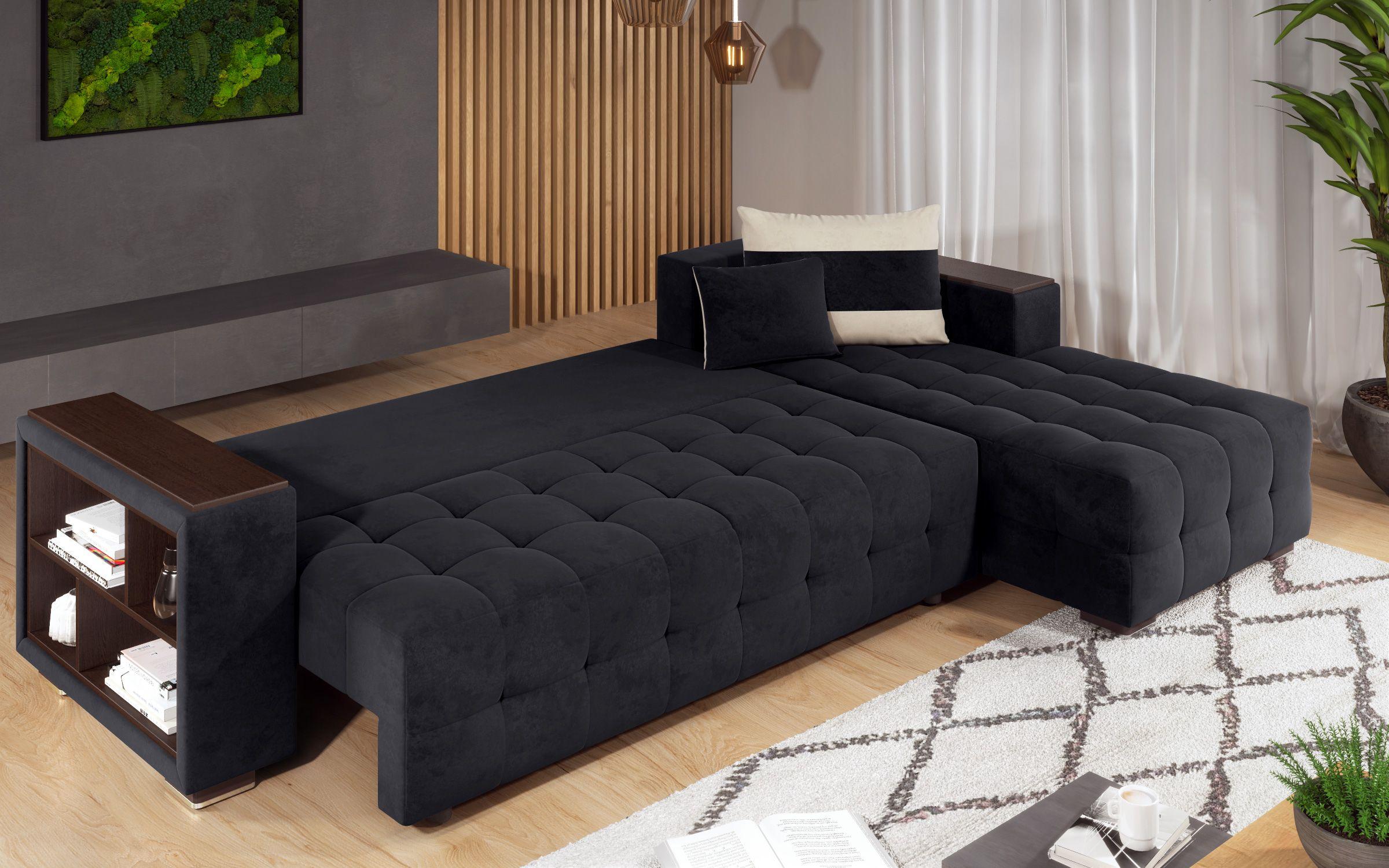 Γωνιακός καναπές - κρεβάτι με ανάκλιντρο και μπράτσο μίνι ραφιέρα Melvin, μαύρο + ανοιχτό μπεζ  9