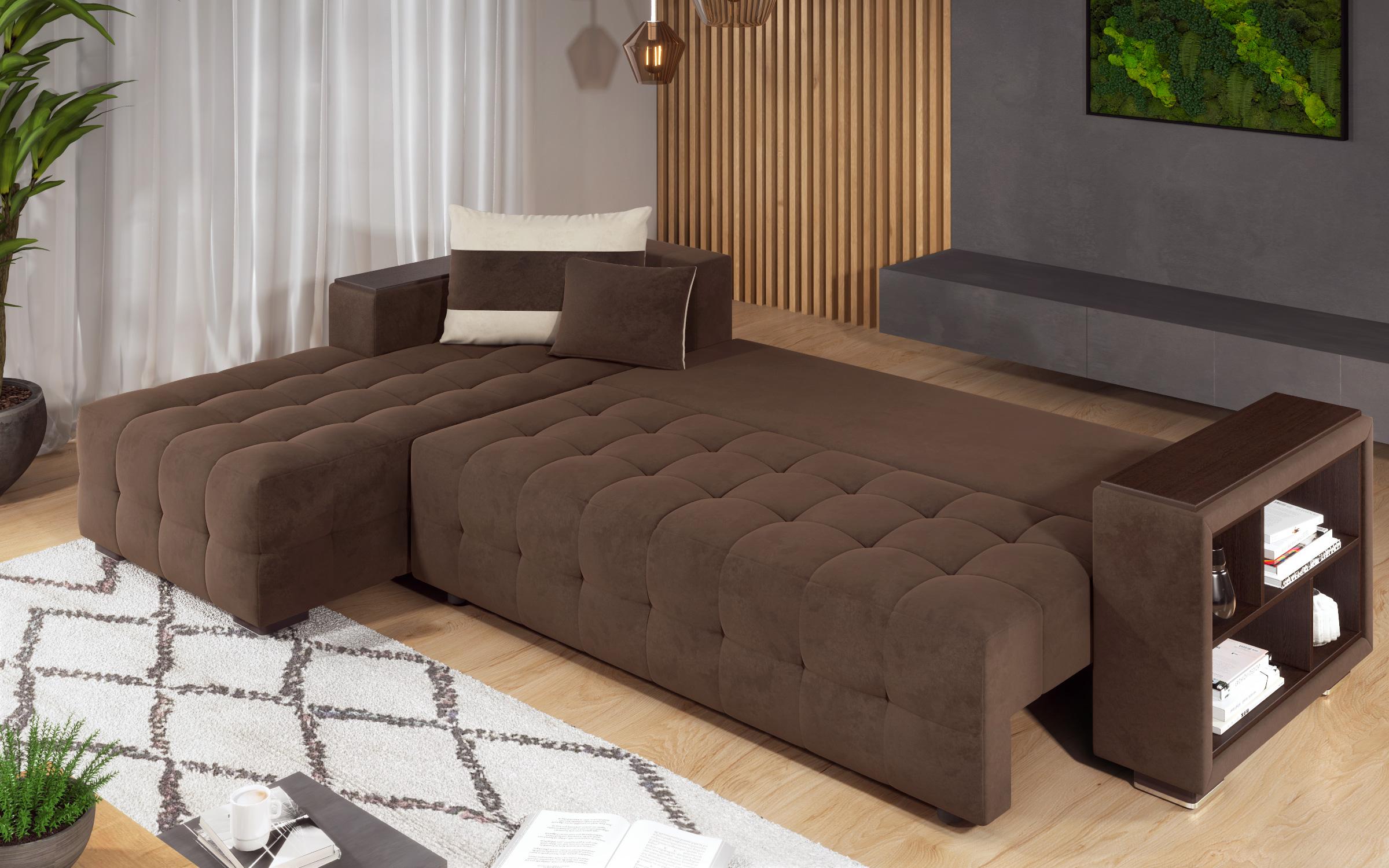 Γωνιακός καναπές - κρεβάτι με ανάκλιντρο και μπράτσο μίνι ραφιέρα Melvin, σκούρο καφέ + ανοιχτό μπεζ  9