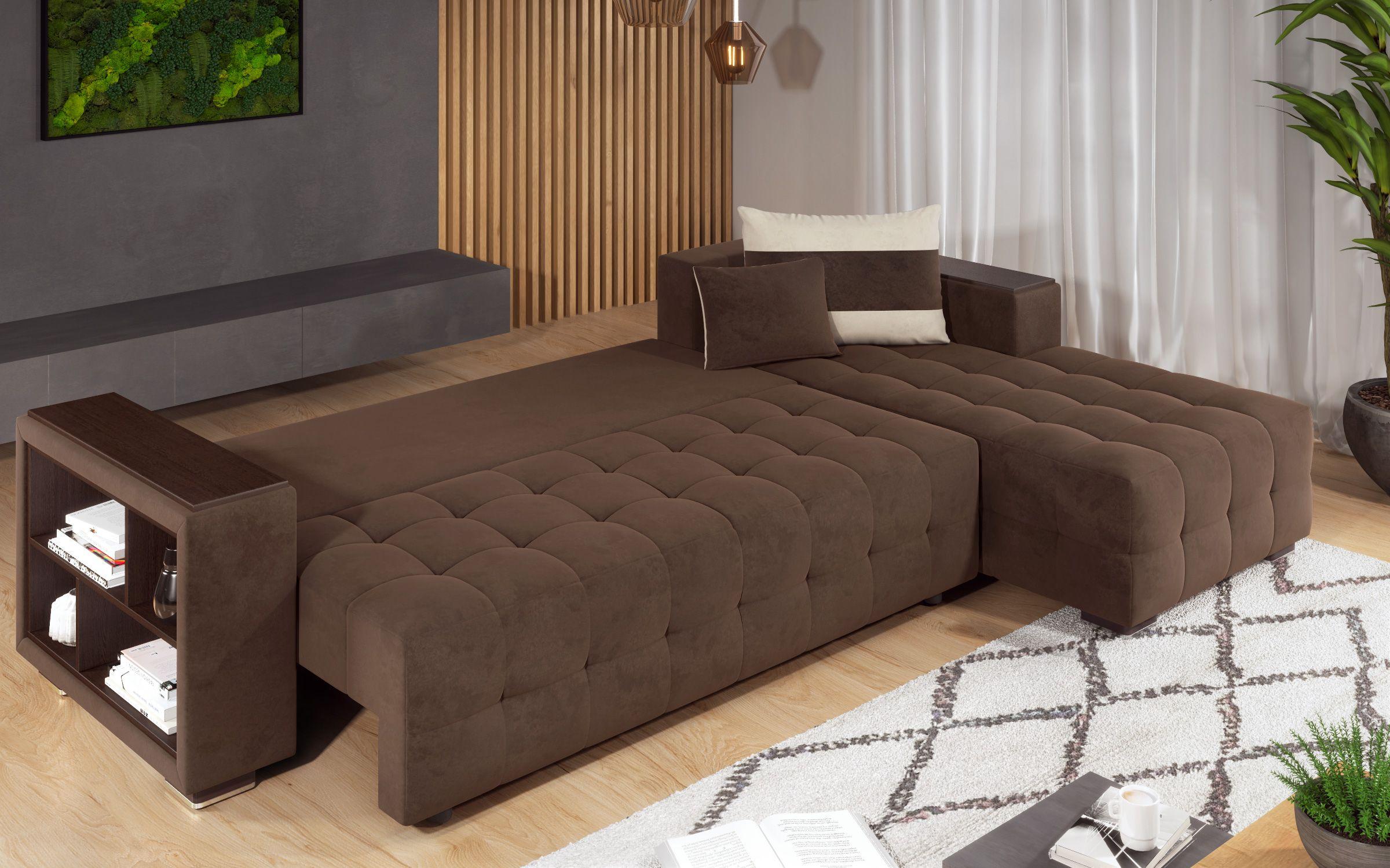 Γωνιακός καναπές - κρεβάτι με ανάκλιντρο και μπράτσο μίνι ραφιέρα Melvin, σκούρο καφέ + ανοιχτό μπεζ  8