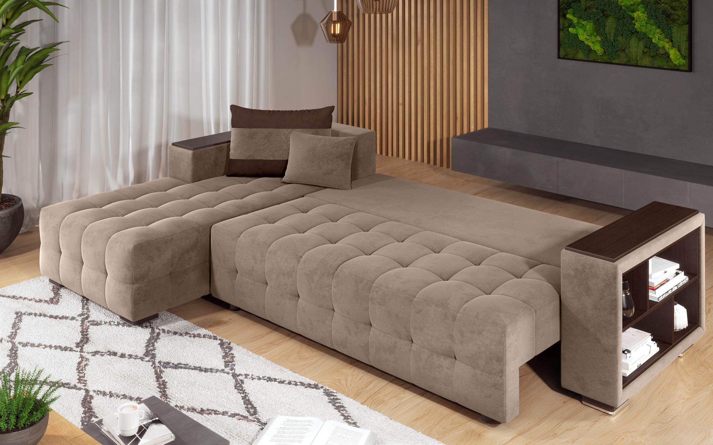 Γωνιακός καναπές - κρεβάτι με ανάκλιντρο και μπράτσο μίνι ραφιέρα Melvin, σκούρο μπεζ + σκούρο καφέ  8