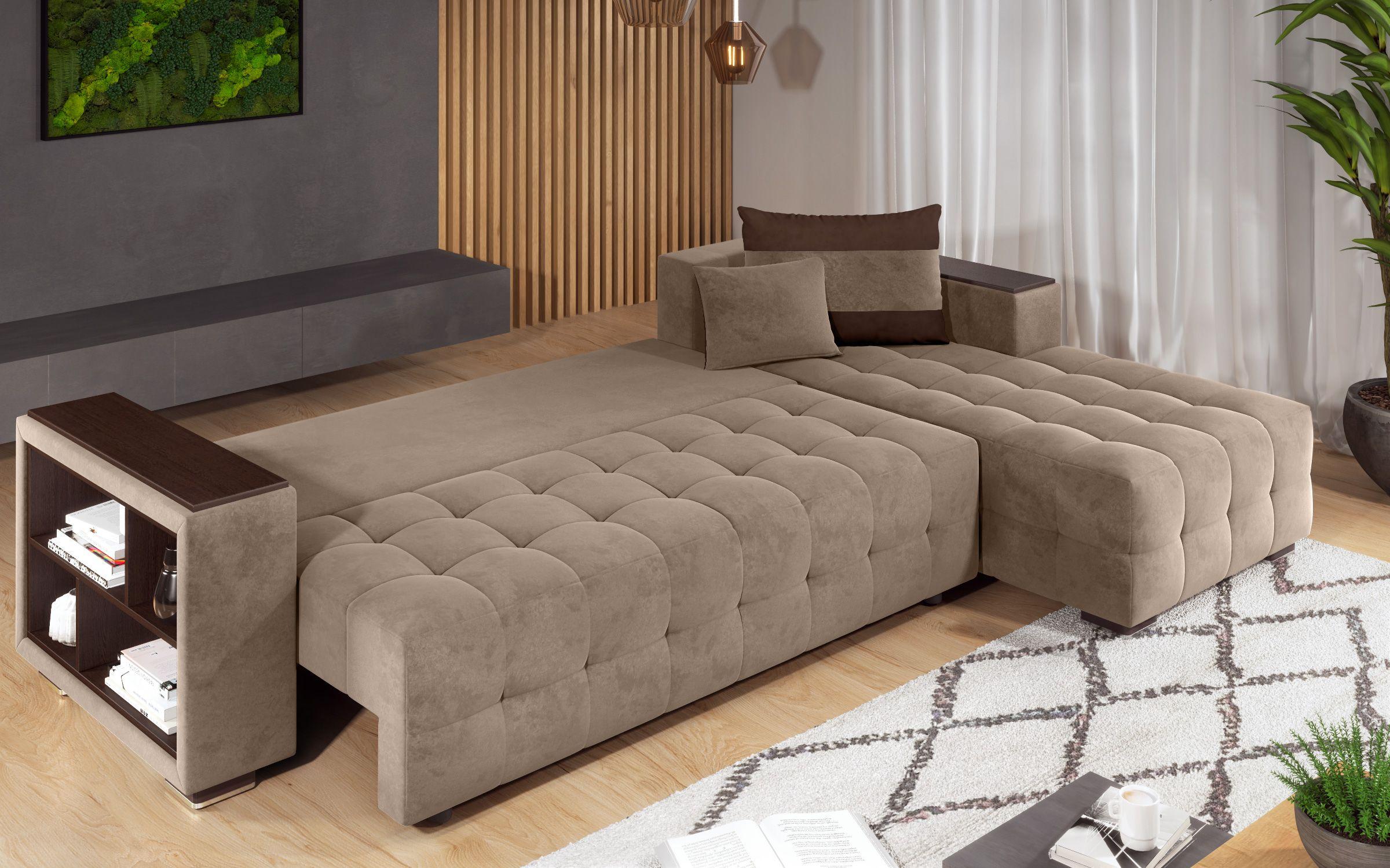 Γωνιακός καναπές - κρεβάτι με ανάκλιντρο και μπράτσο μίνι ραφιέρα Melvin, σκούρο μπεζ + σκούρο καφέ  8
