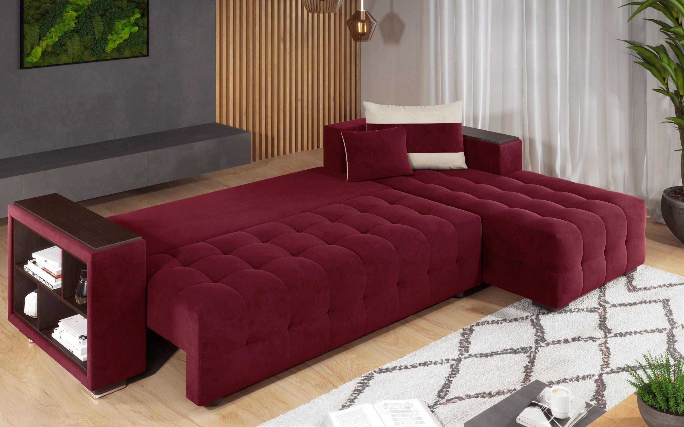 Γωνιακός καναπές - κρεβάτι με ανάκλιντρο και μπράτσο μίνι ραφιέρα Melvin, μπορντό + ανοιχτό μπεζ  9