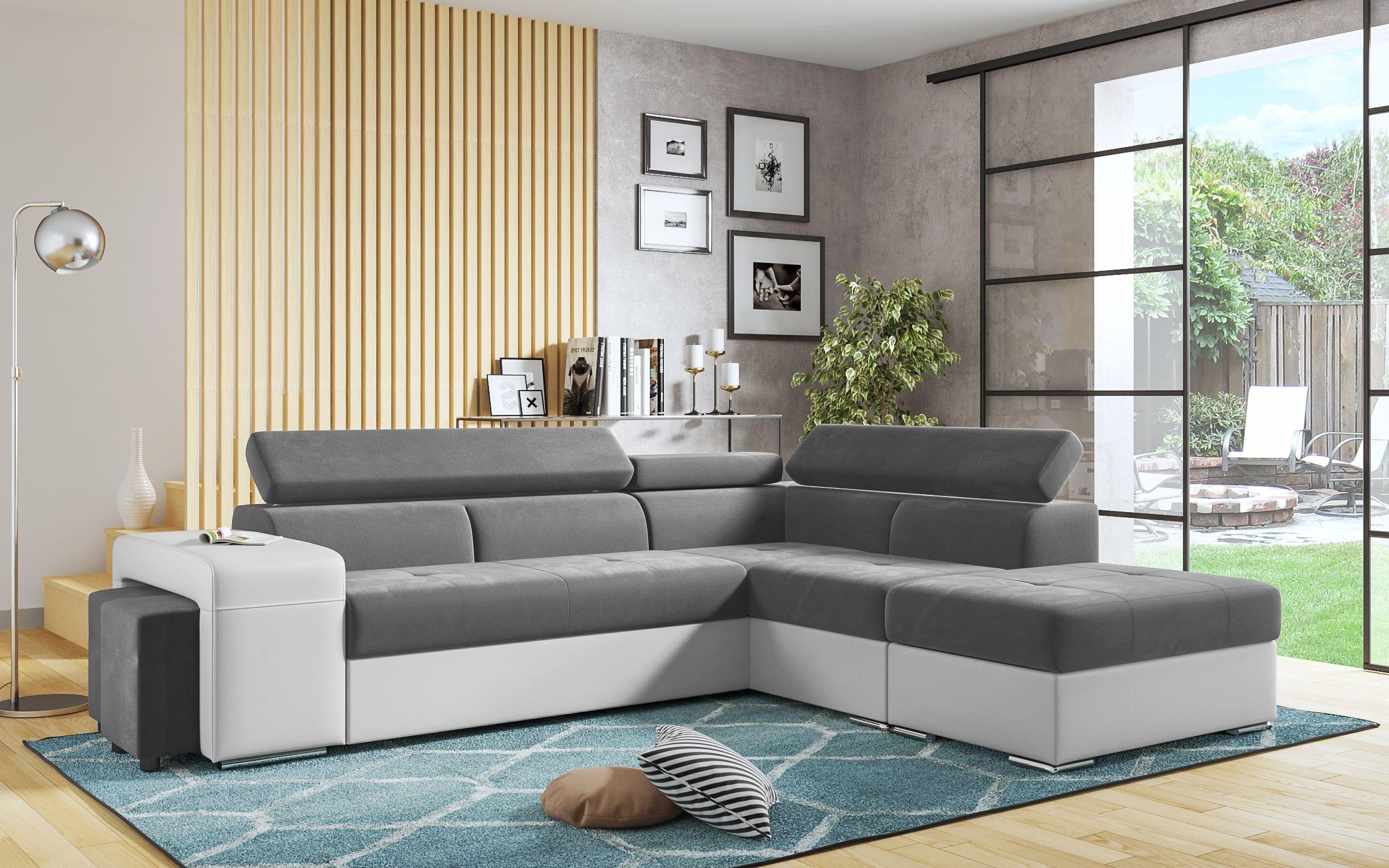 Γωνιακός καναπές – κρεβάτι Amirei + 2 σκαμπό, γκρι + λευκό δέρμα  3