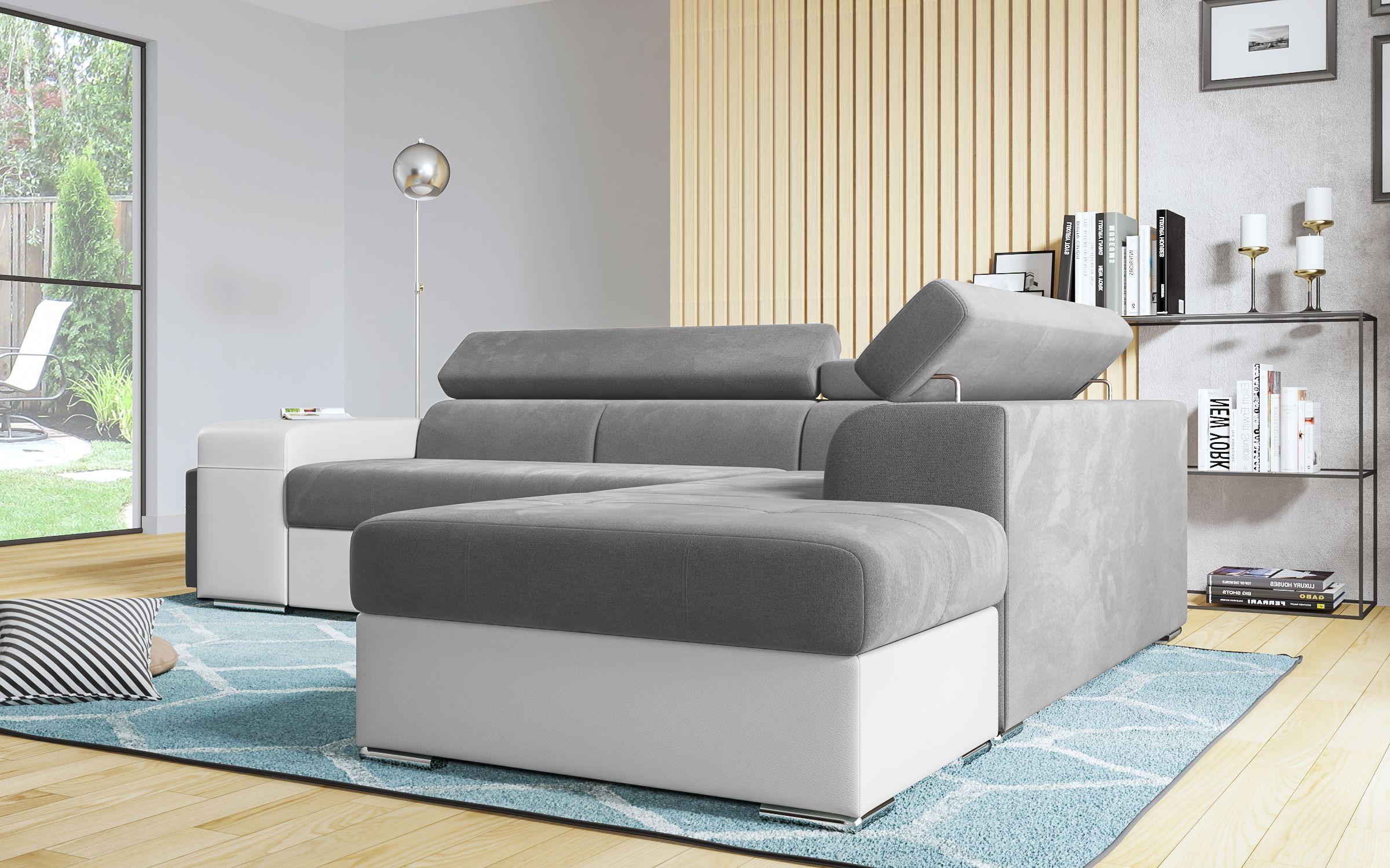 Γωνιακός καναπές – κρεβάτι Amirei + 2 σκαμπό, γκρι + λευκό δέρμα  4